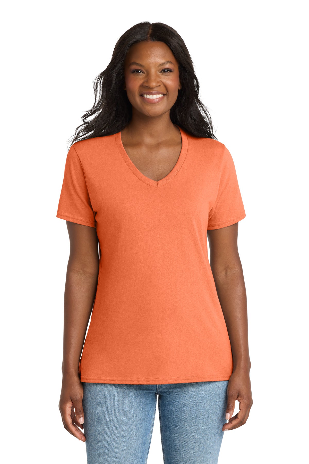 Port & Co Women's Core Cotton V-Neck Tee. LPC54V - Neon Orange - front