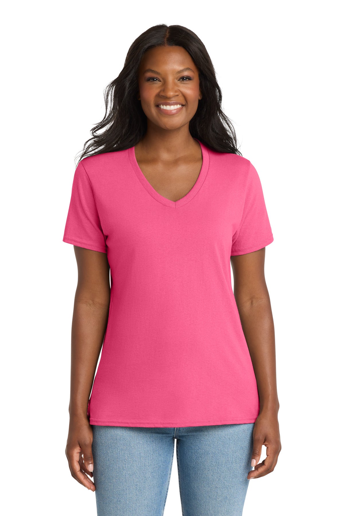 Port & Co Women's Core Cotton V-Neck Tee. LPC54V - Neon Pink - front