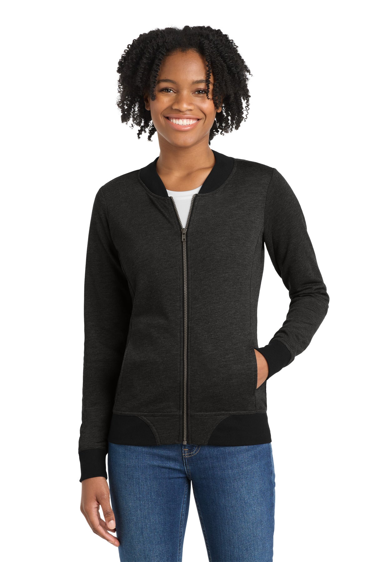 Sport-Tek Women's Lightweight French Terry Bomber LST274 - Heather Black - front