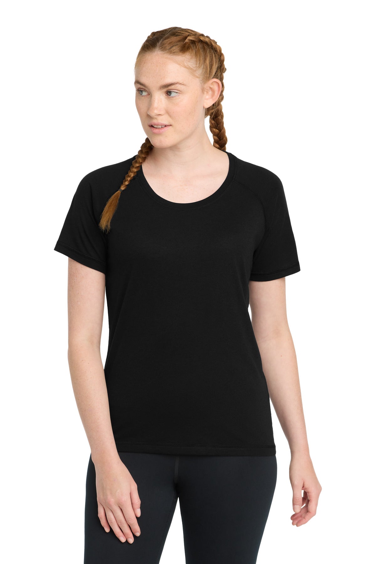 Sport-Tek Women's PosiCharge Tri-Blend Wicking Scoop Neck Raglan Tee. LST400 - Black Triad Solid - front