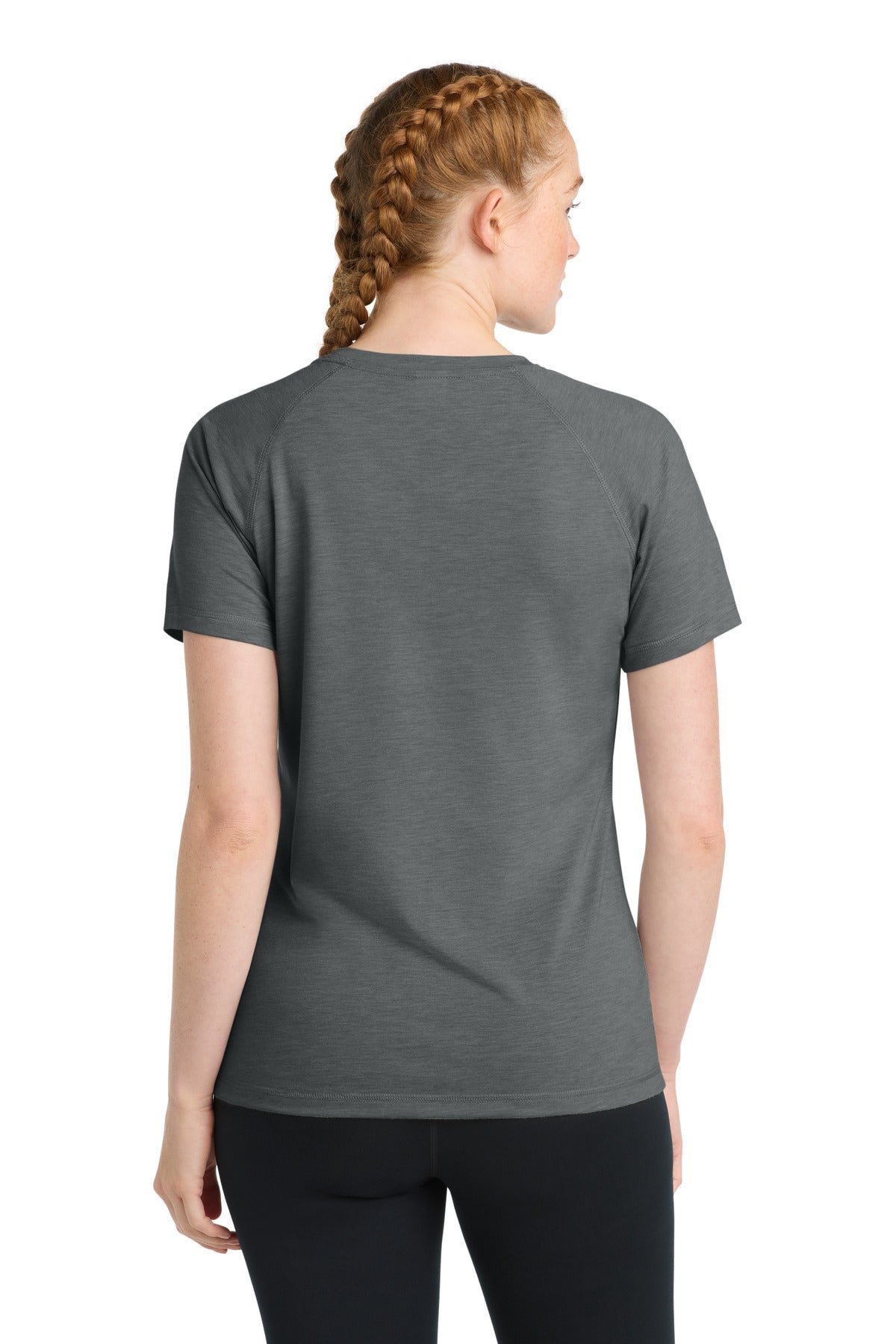 Sport-Tek Women's PosiCharge Tri-Blend Wicking Scoop Neck Raglan Tee. LST400 - Dark Grey Heather - back