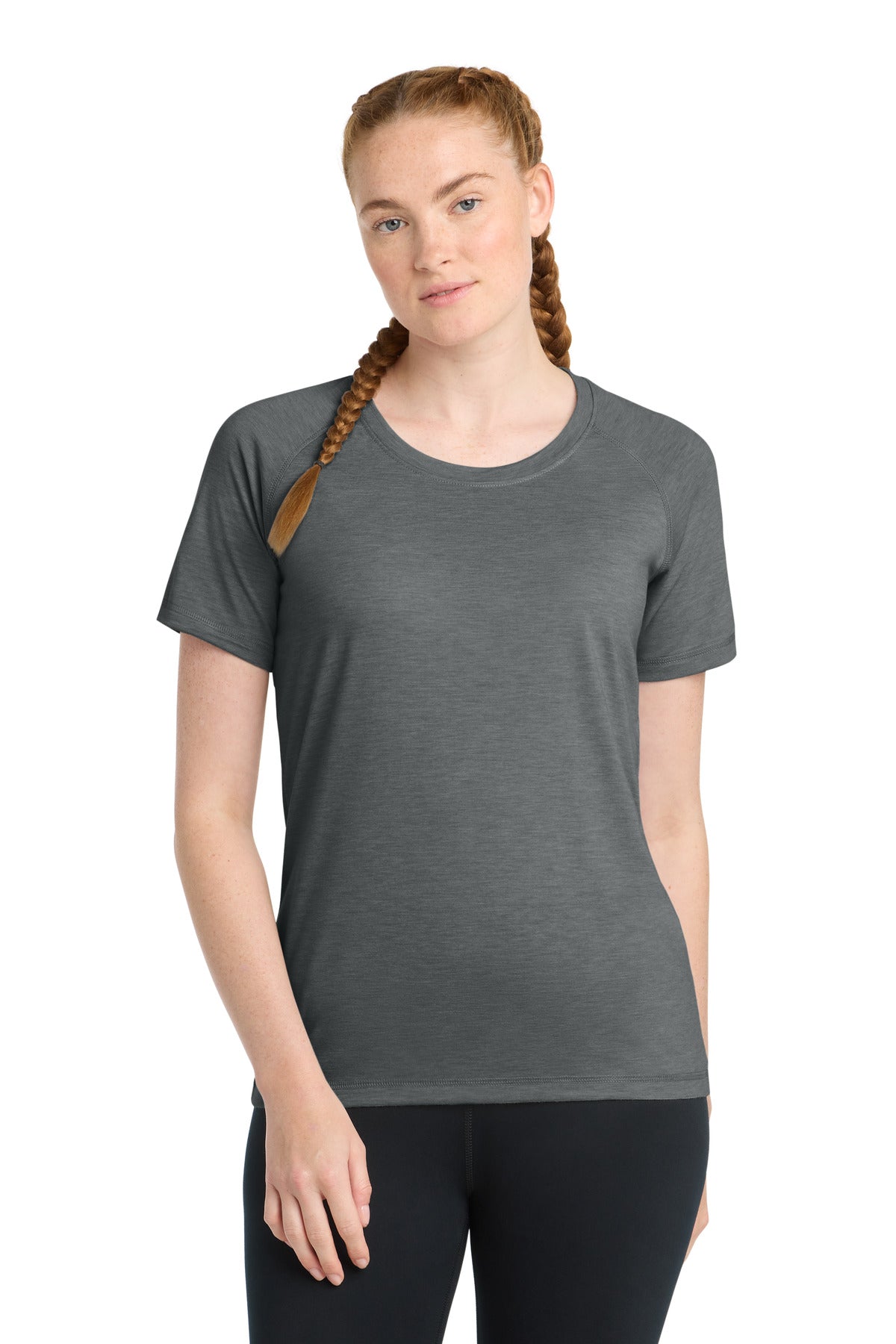 Sport-Tek Women's PosiCharge Tri-Blend Wicking Scoop Neck Raglan Tee. LST400 - Dark Grey Heather - front