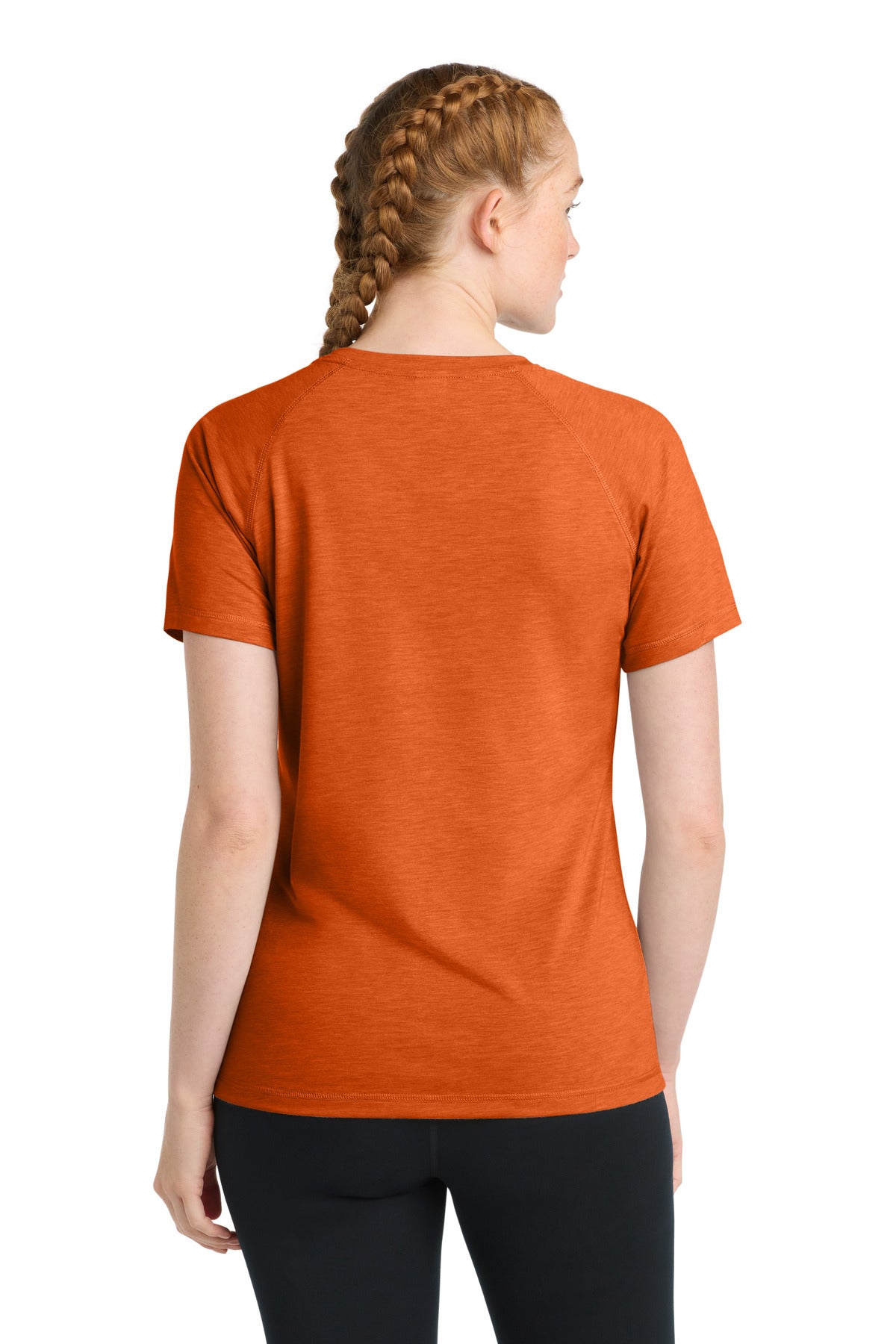 Sport-Tek Women's PosiCharge Tri-Blend Wicking Scoop Neck Raglan Tee. LST400 - Deep Orange Heather - back