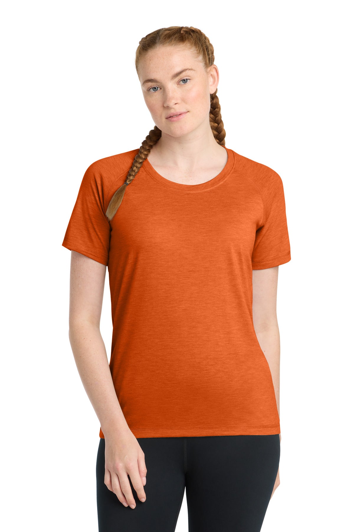 Sport-Tek Women's PosiCharge Tri-Blend Wicking Scoop Neck Raglan Tee. LST400 - Deep Orange Heather - front