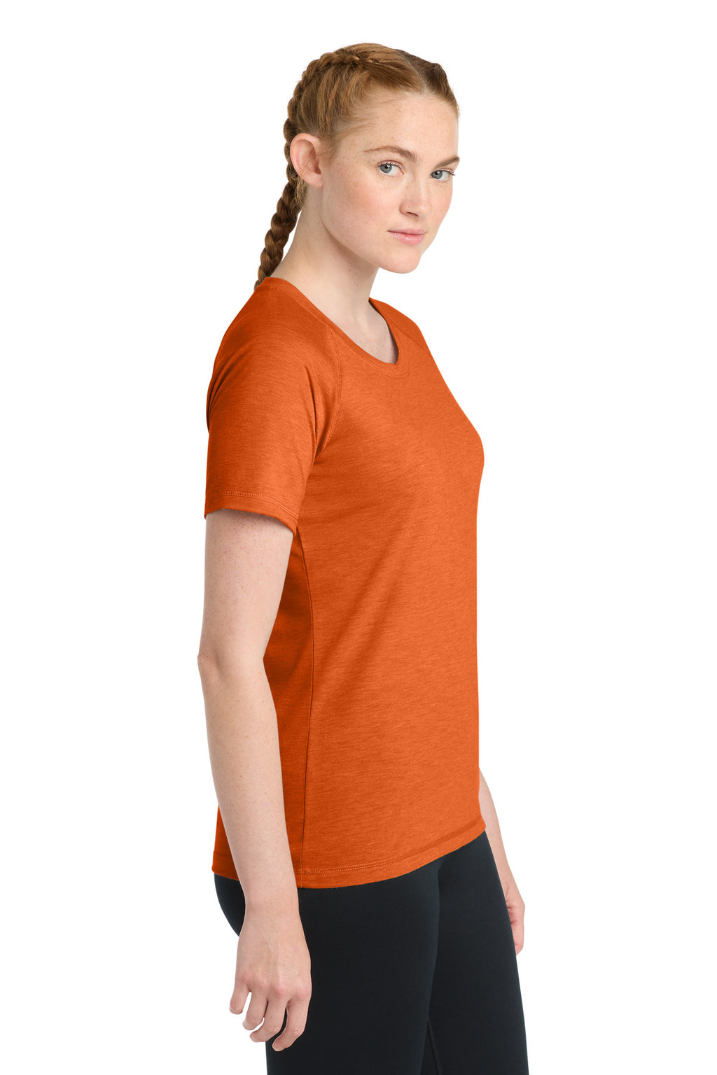 Sport-Tek Women's PosiCharge Tri-Blend Wicking Scoop Neck Raglan Tee. LST400 - Deep Orange Heather - side