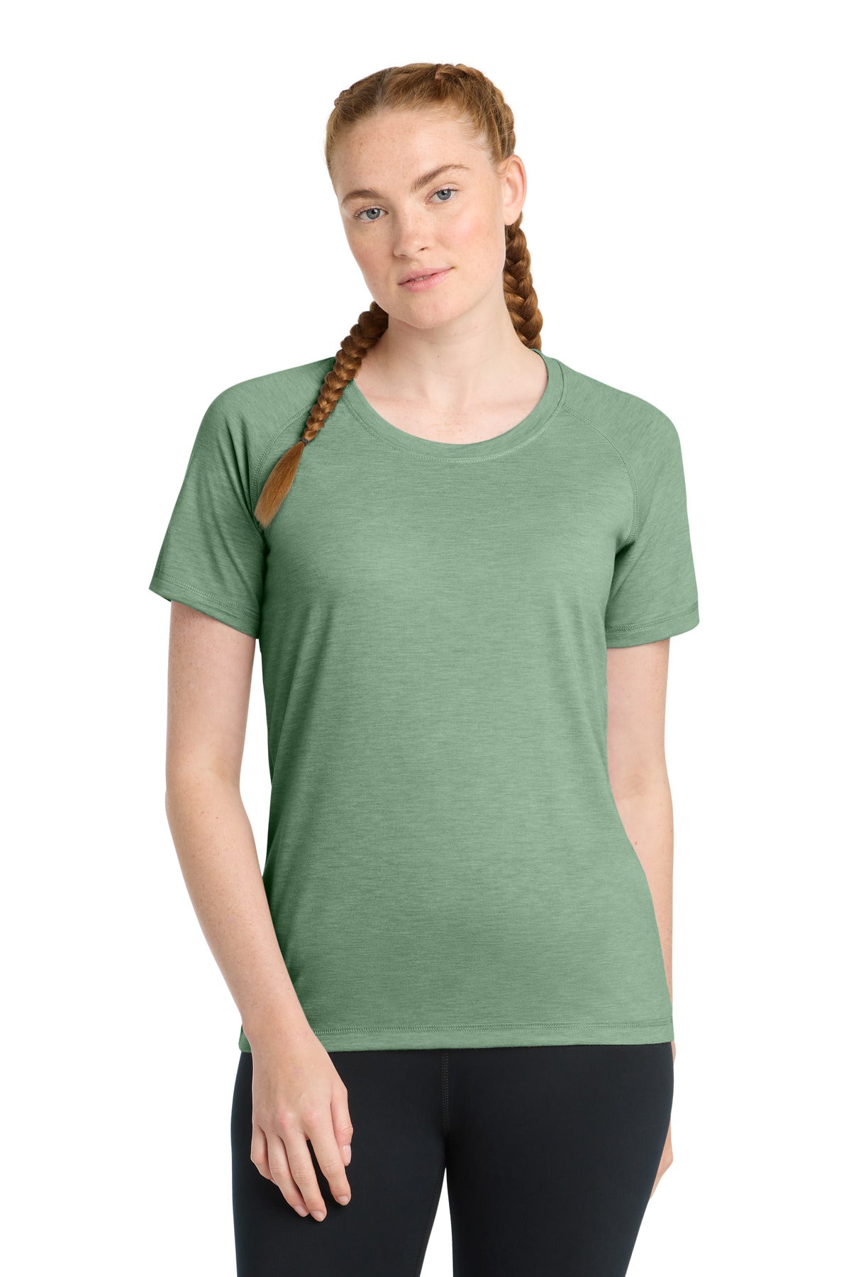 Sport-Tek Women's PosiCharge Tri-Blend Wicking Scoop Neck Raglan Tee. LST400 - Forest Green Heather - front