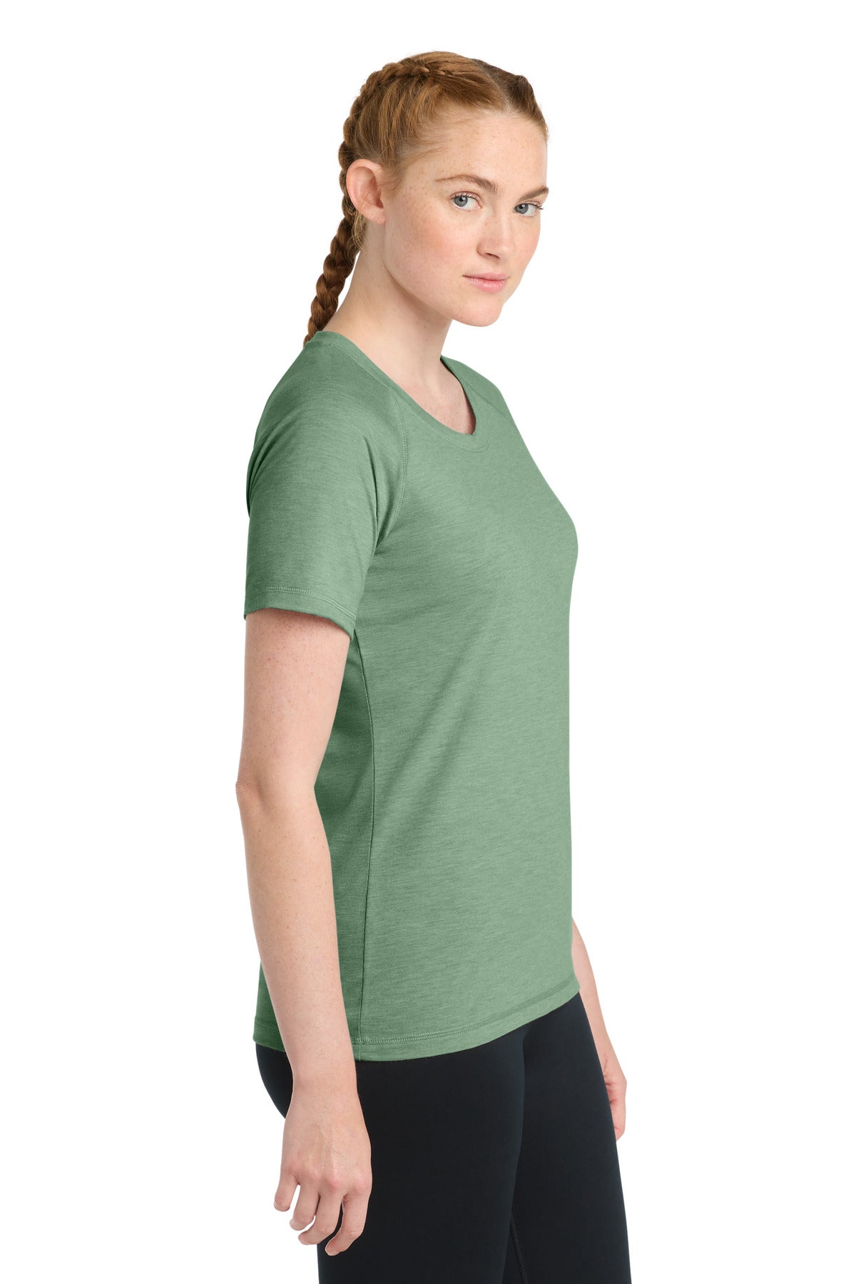 Sport-Tek Women's PosiCharge Tri-Blend Wicking Scoop Neck Raglan Tee. LST400 - Forest Green Heather - side