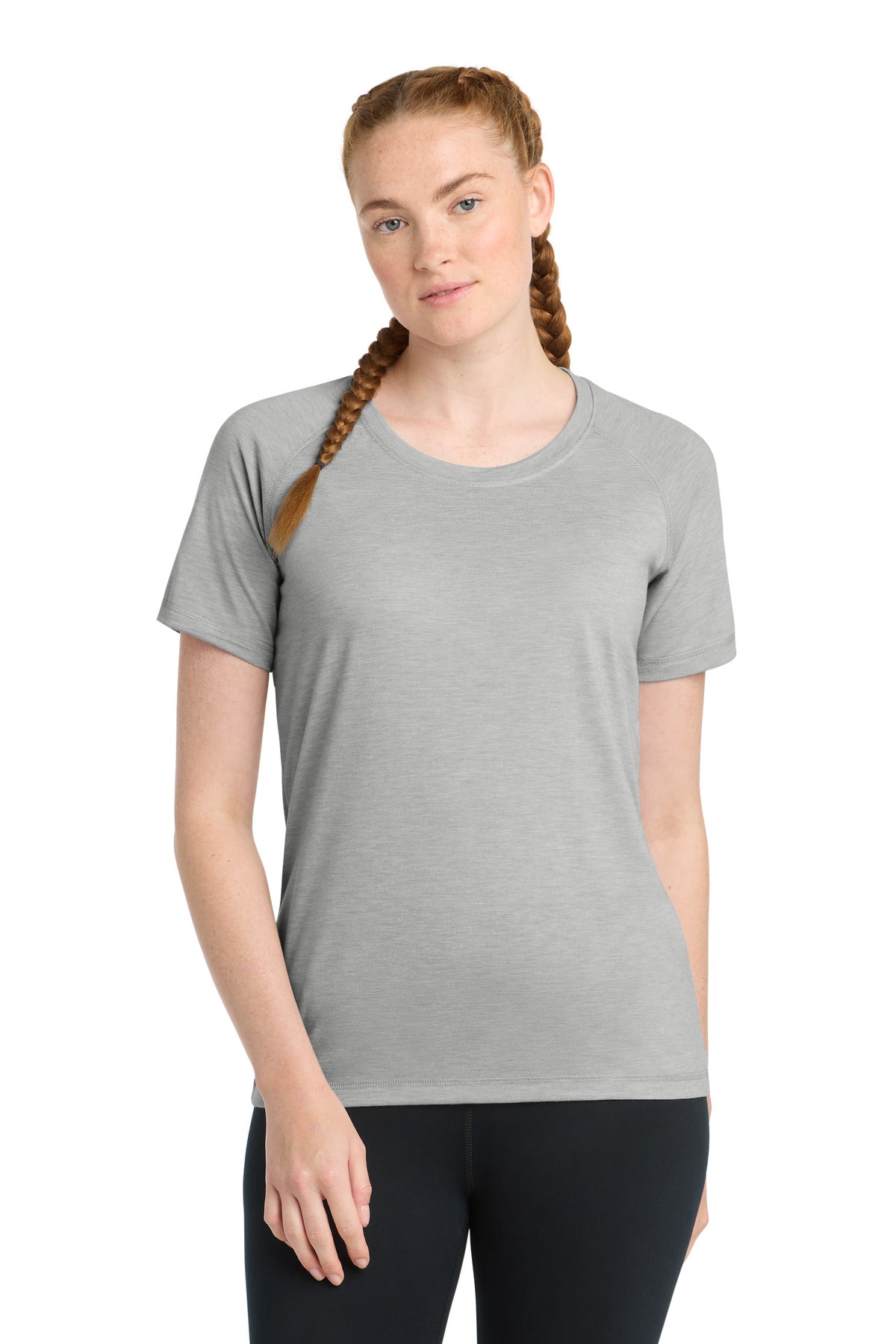 Sport-Tek Women's PosiCharge Tri-Blend Wicking Scoop Neck Raglan Tee. LST400 - Light Grey Heather - front