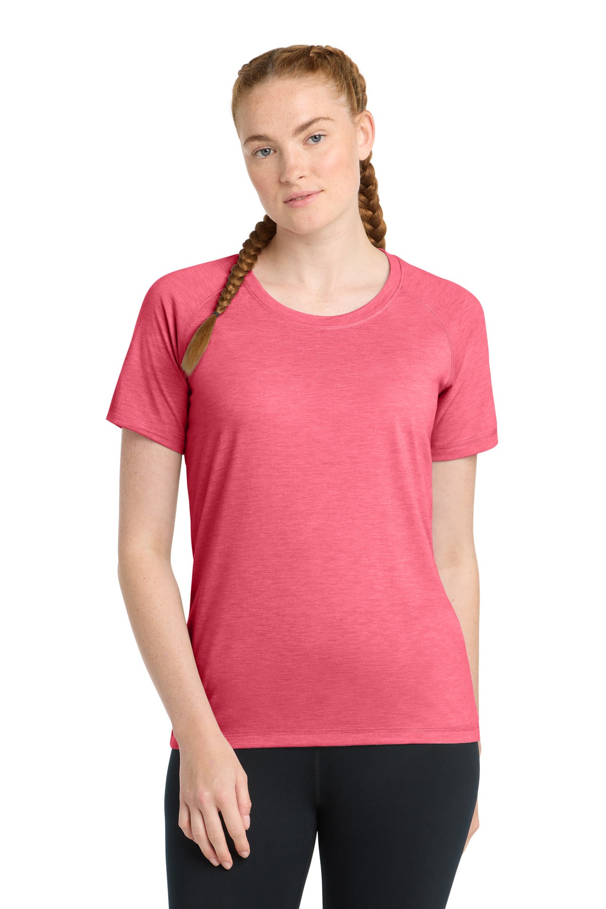 Sport-Tek Women's PosiCharge Tri-Blend Wicking Scoop Neck Raglan Tee. LST400 - Pink Raspberry Heather - front