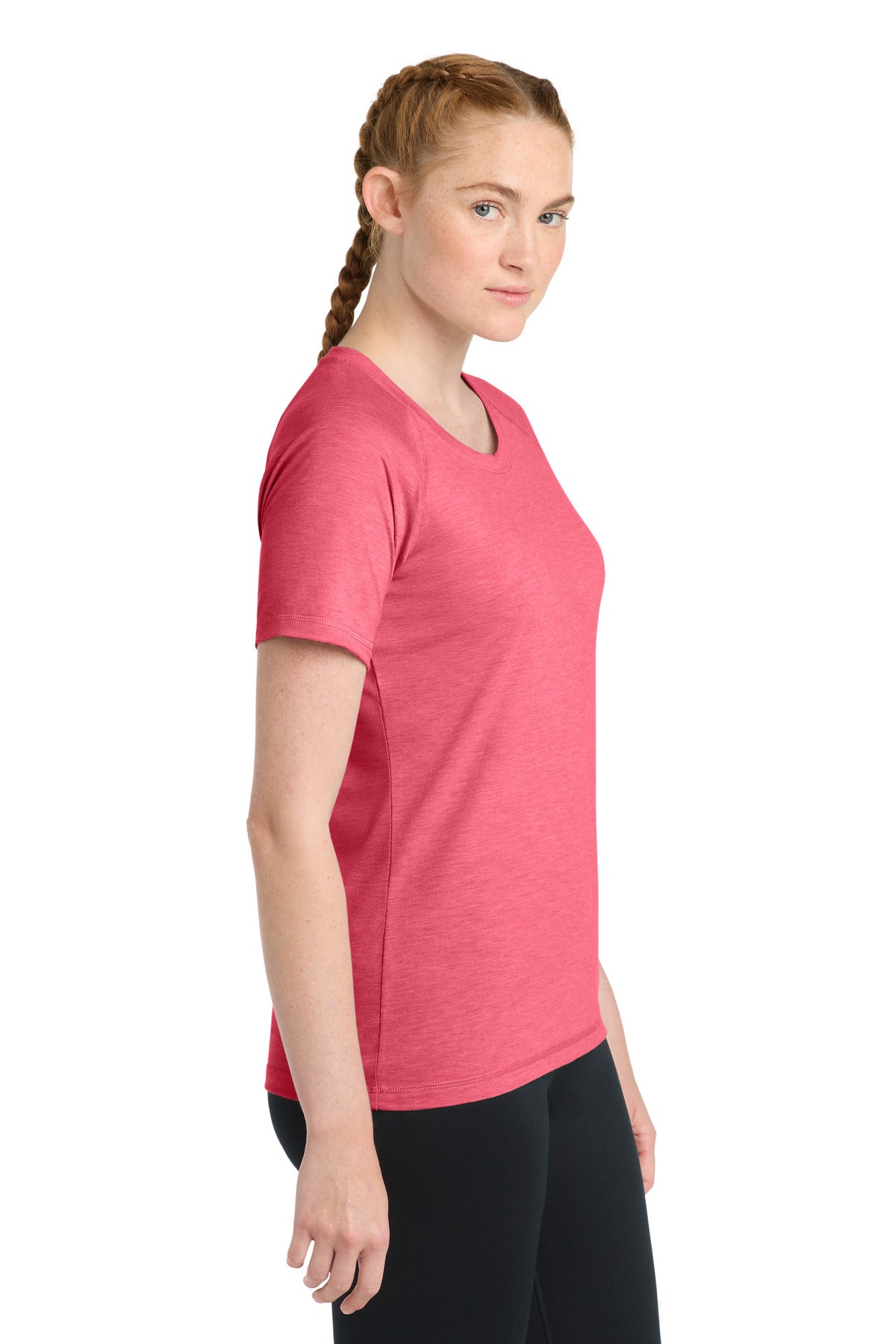 Sport-Tek Women's PosiCharge Tri-Blend Wicking Scoop Neck Raglan Tee. LST400 - Pink Raspberry Heather - side