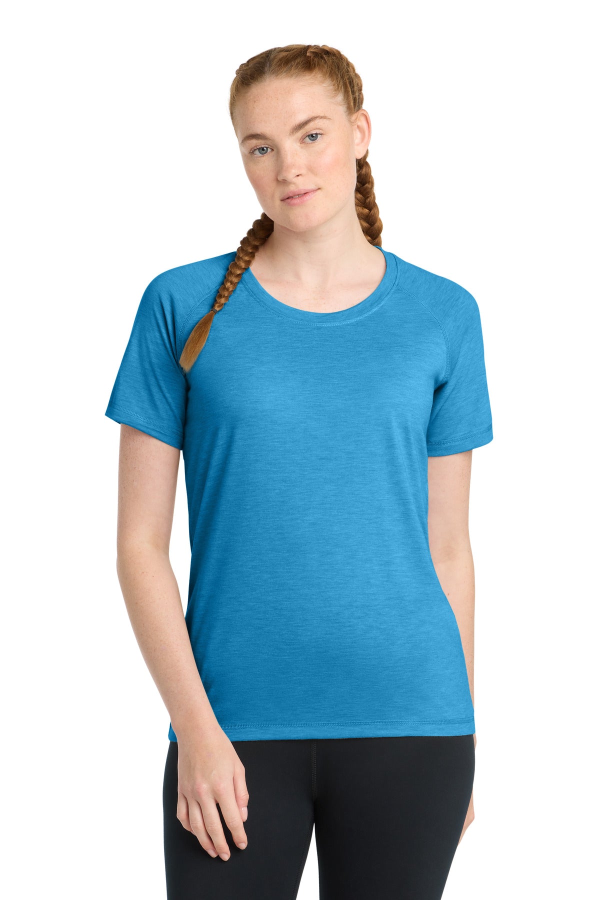 Sport-Tek Women's PosiCharge Tri-Blend Wicking Scoop Neck Raglan Tee. LST400 - Pond Blue Heather - front