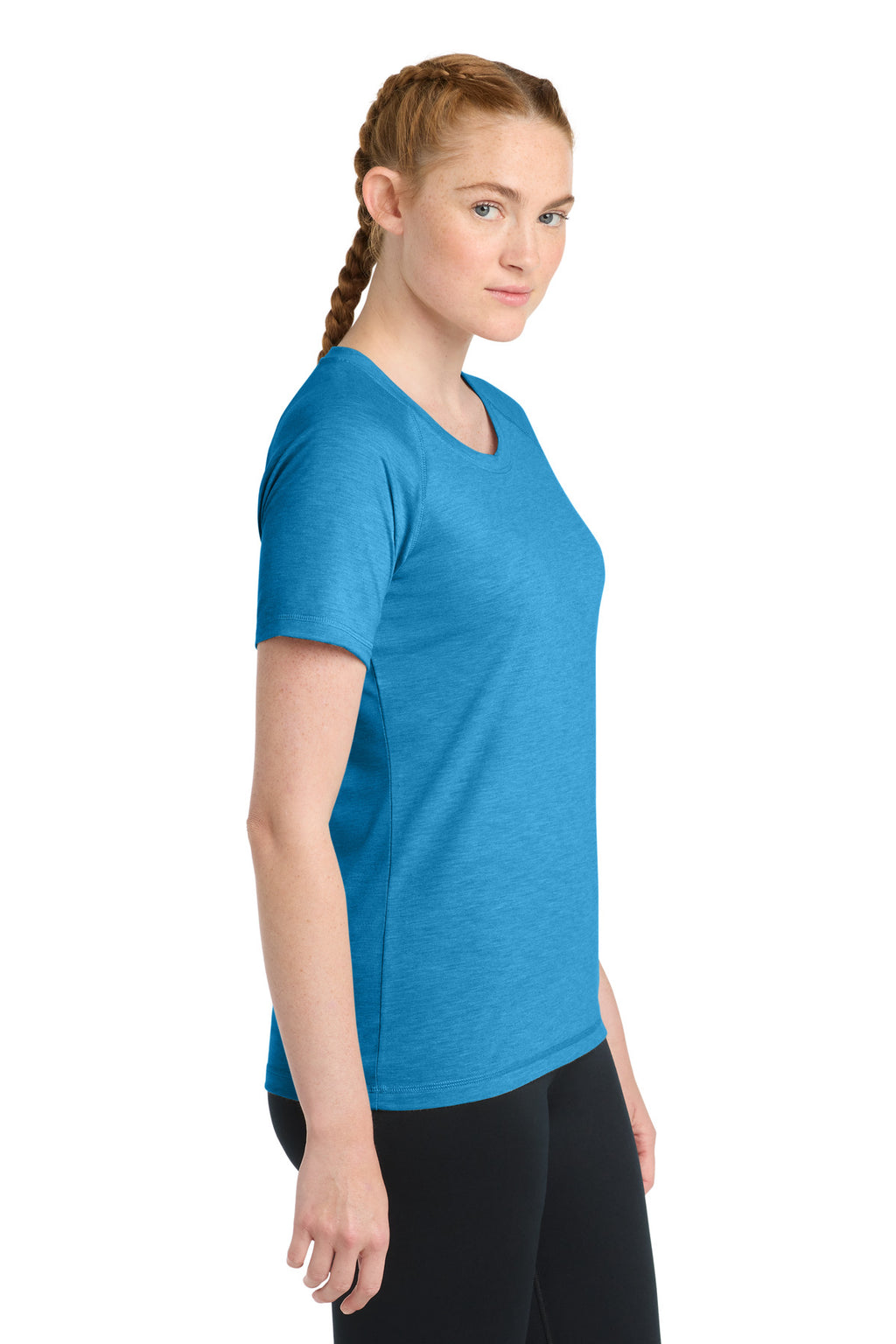 Sport-Tek Women's PosiCharge Tri-Blend Wicking Scoop Neck Raglan Tee. LST400 - Pond Blue Heather - side