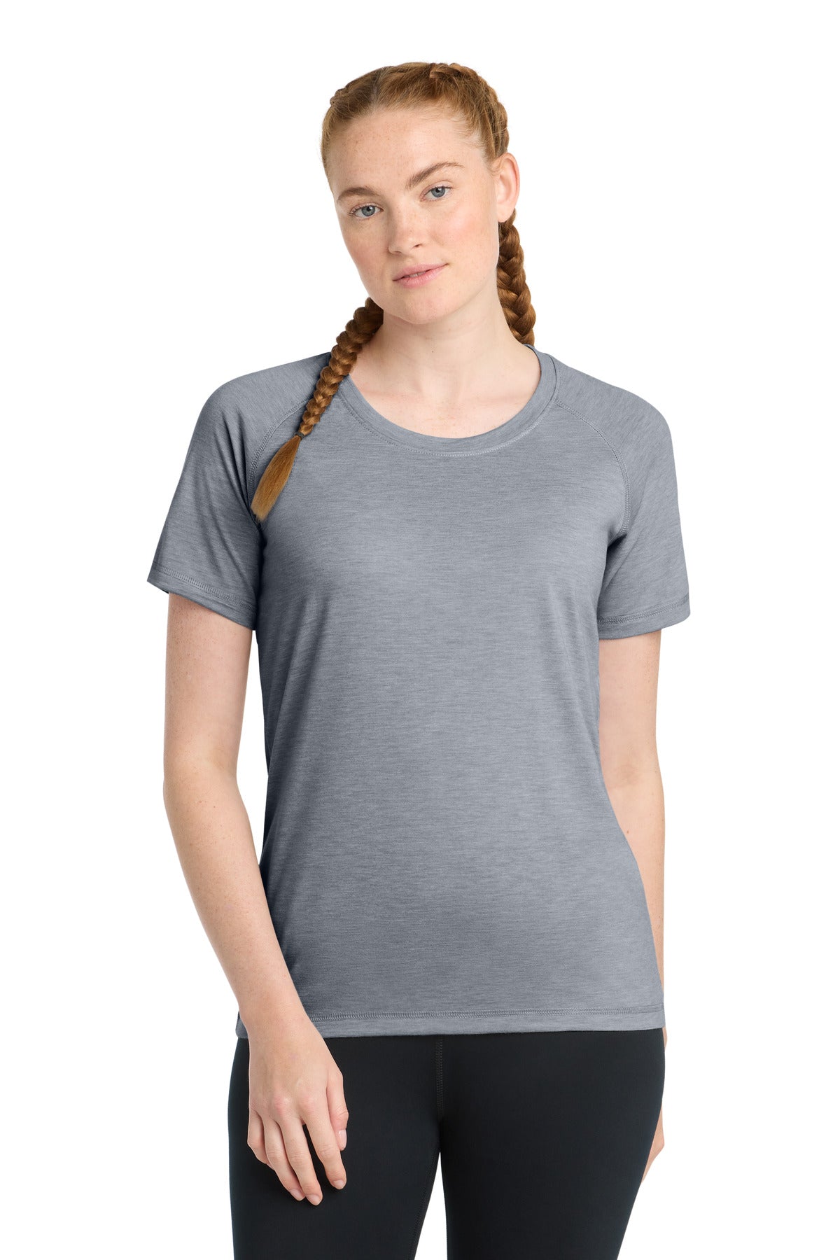 Sport-Tek Women's PosiCharge Tri-Blend Wicking Scoop Neck Raglan Tee. LST400 - True Navy Heather - front