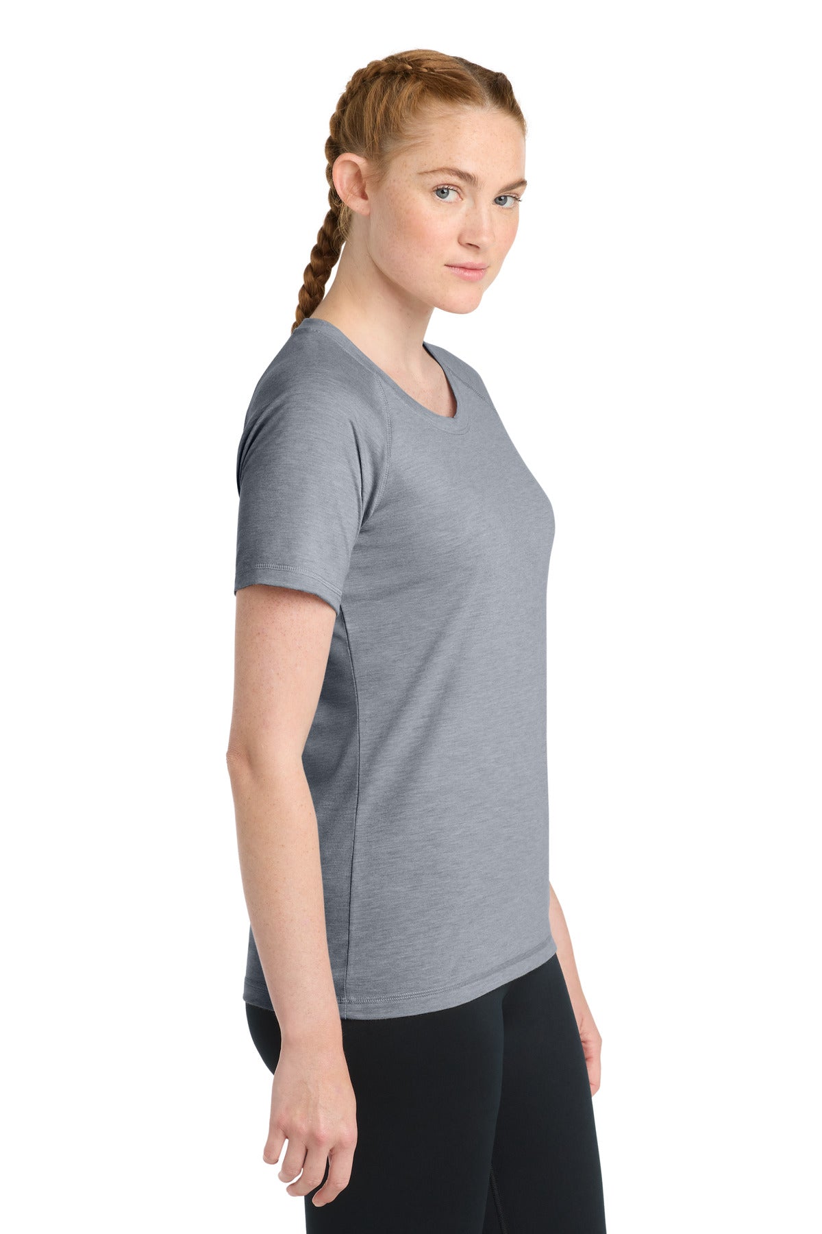Sport-Tek Women's PosiCharge Tri-Blend Wicking Scoop Neck Raglan Tee. LST400 - True Navy Heather - side