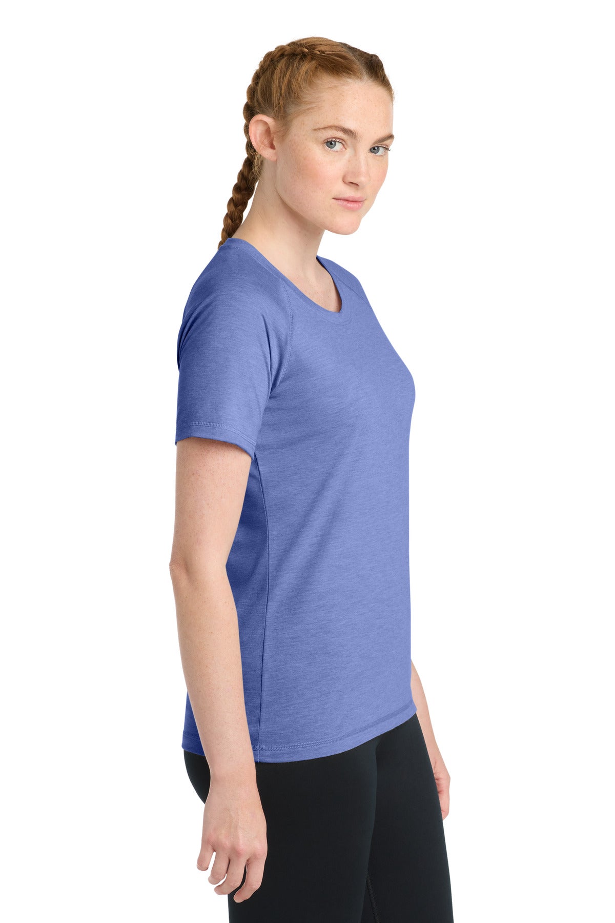 Sport-Tek Women's PosiCharge Tri-Blend Wicking Scoop Neck Raglan Tee. LST400 - True Royal Heather - side