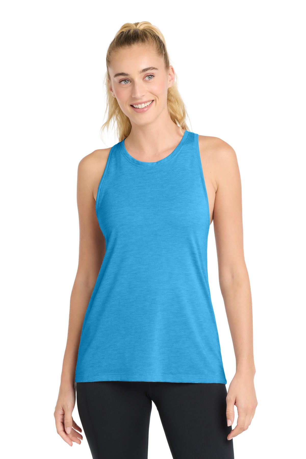 Sport-Tek Women's PosiCharge Tri-Blend Wicking Tank. LST402 - Pond Blue Heather - front