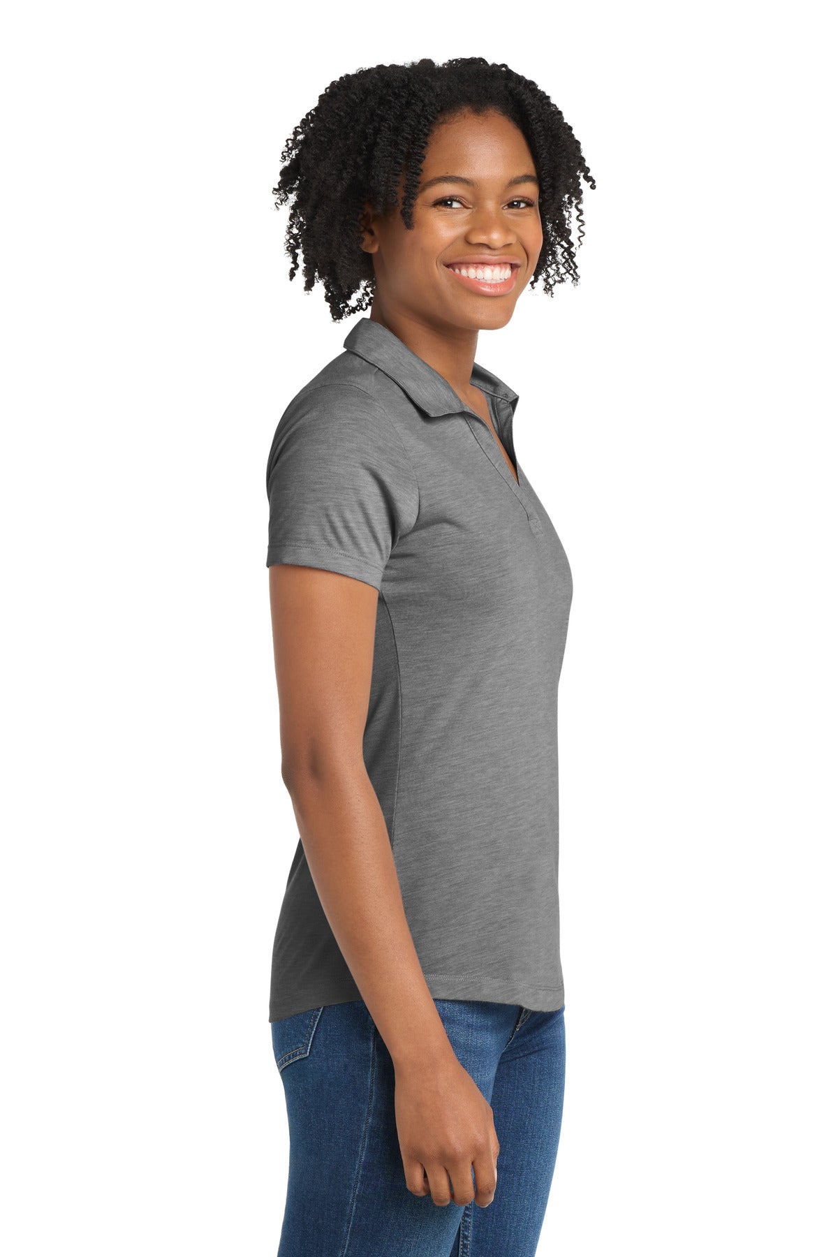 Sport-Tek Women's PosiCharge Tri-Blend Wicking Polo. LST405 - Dark Grey Heather - side