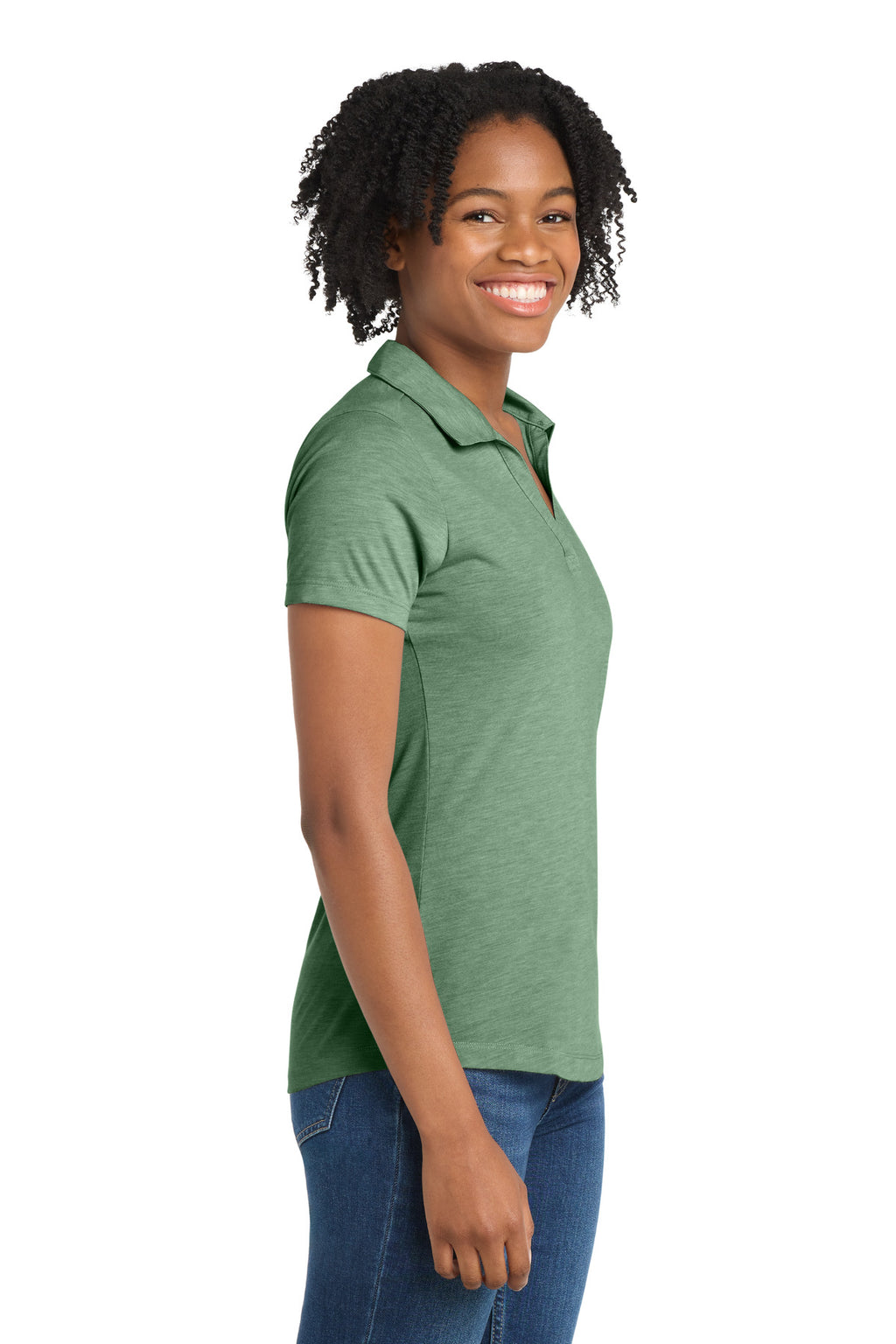 Sport-Tek Women's PosiCharge Tri-Blend Wicking Polo. LST405 - Forest Green Heather - side