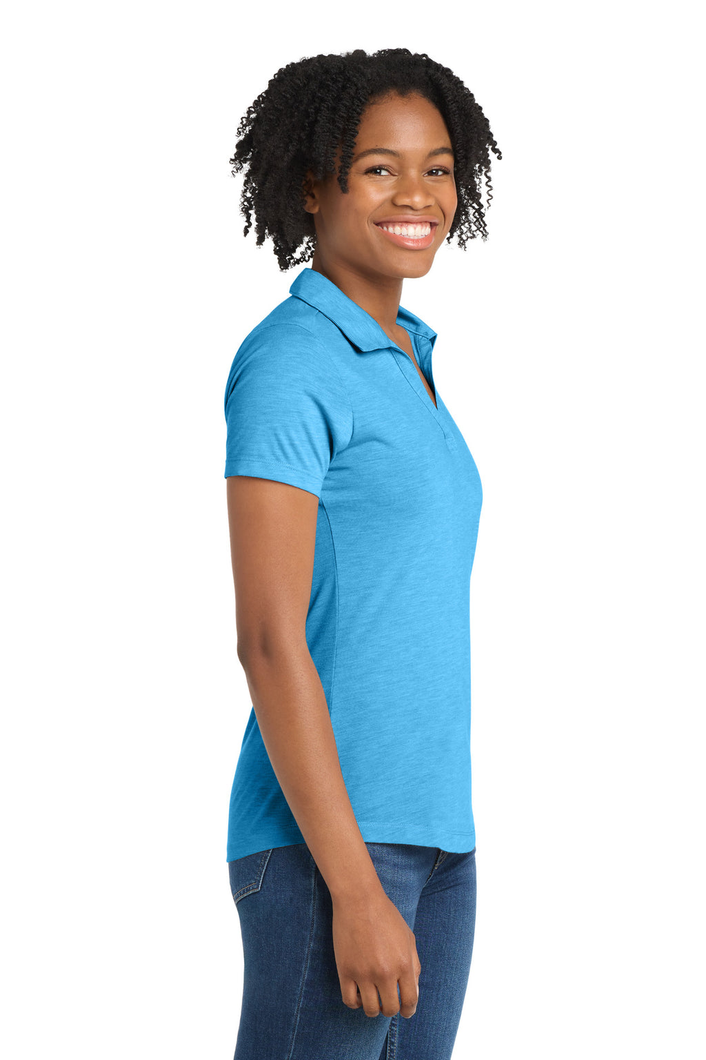 Sport-Tek Women's PosiCharge Tri-Blend Wicking Polo. LST405 - Pond Blue Heather - side