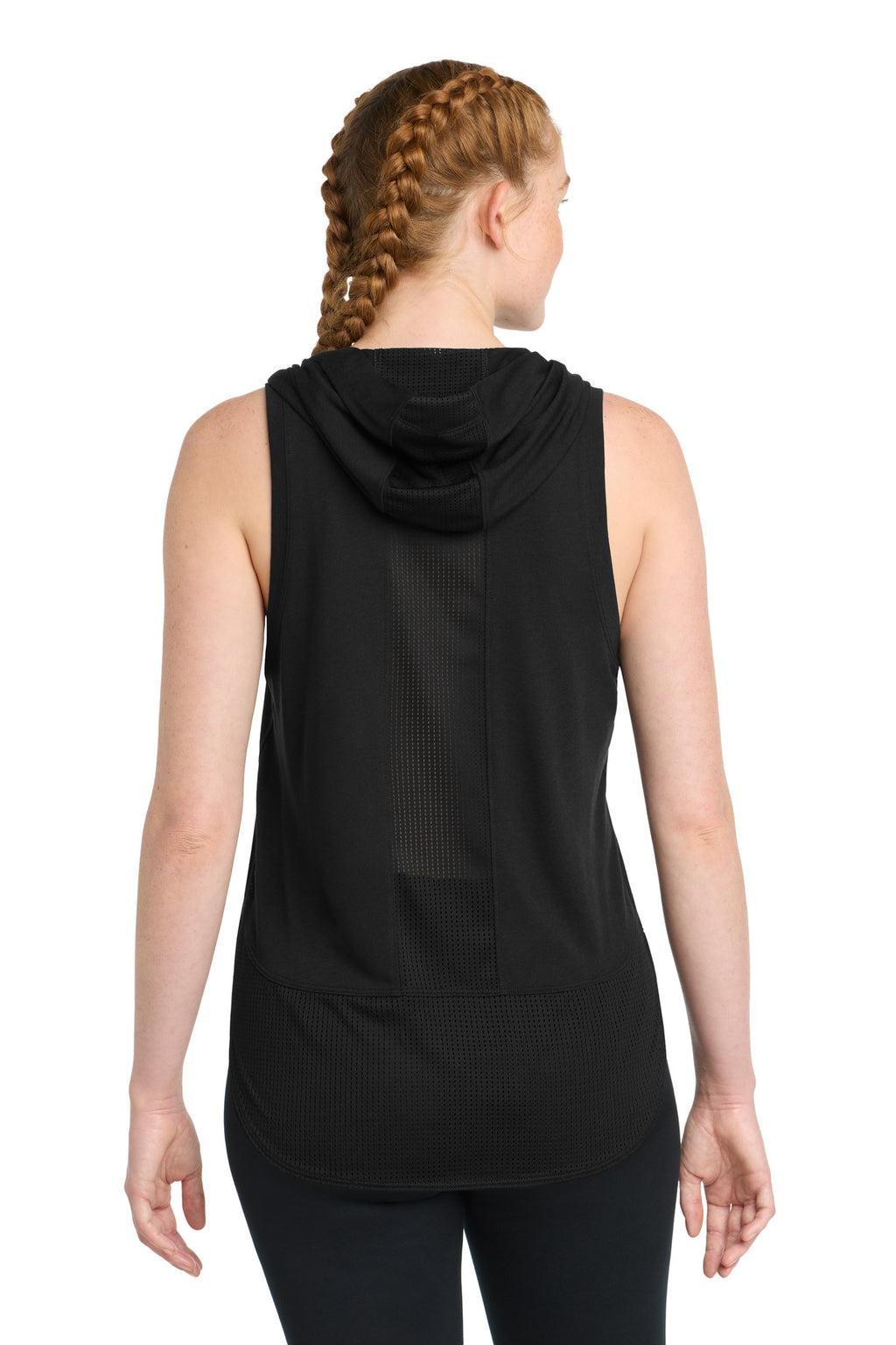 Sport-Tek Women's PosiCharge Tri-Blend Wicking Draft Hoodie Tank. LST410 - Black/ Black Triad Solid - back