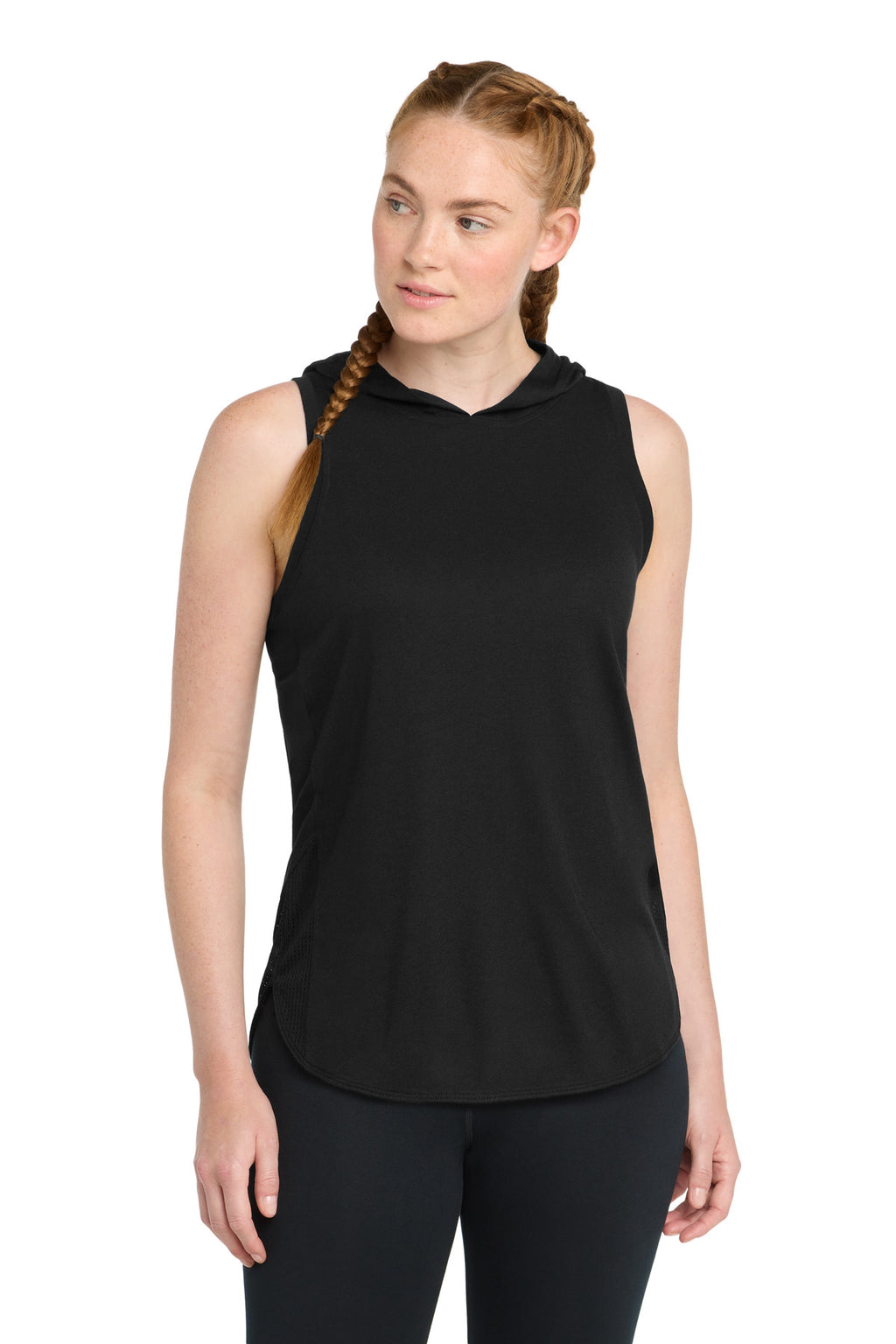 Sport-Tek Women's PosiCharge Tri-Blend Wicking Draft Hoodie Tank. LST410 - Black/ Black Triad Solid - front