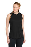 Sport-Tek Women's PosiCharge Tri-Blend Wicking Draft Hoodie Tank. LST410 - Black/ Black Triad Solid - front