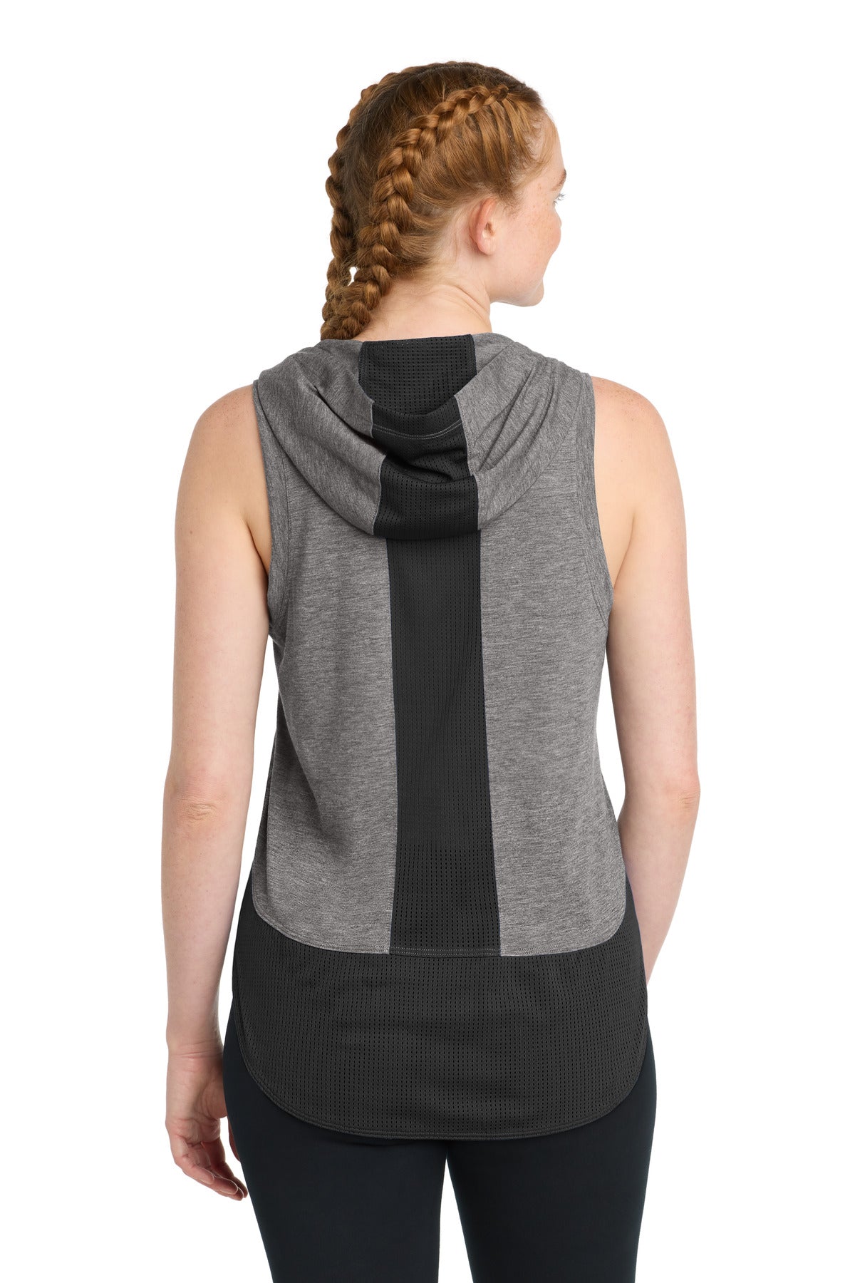 Sport-Tek Women's PosiCharge Tri-Blend Wicking Draft Hoodie Tank. LST410 - Black/ Dark Grey Heather - back