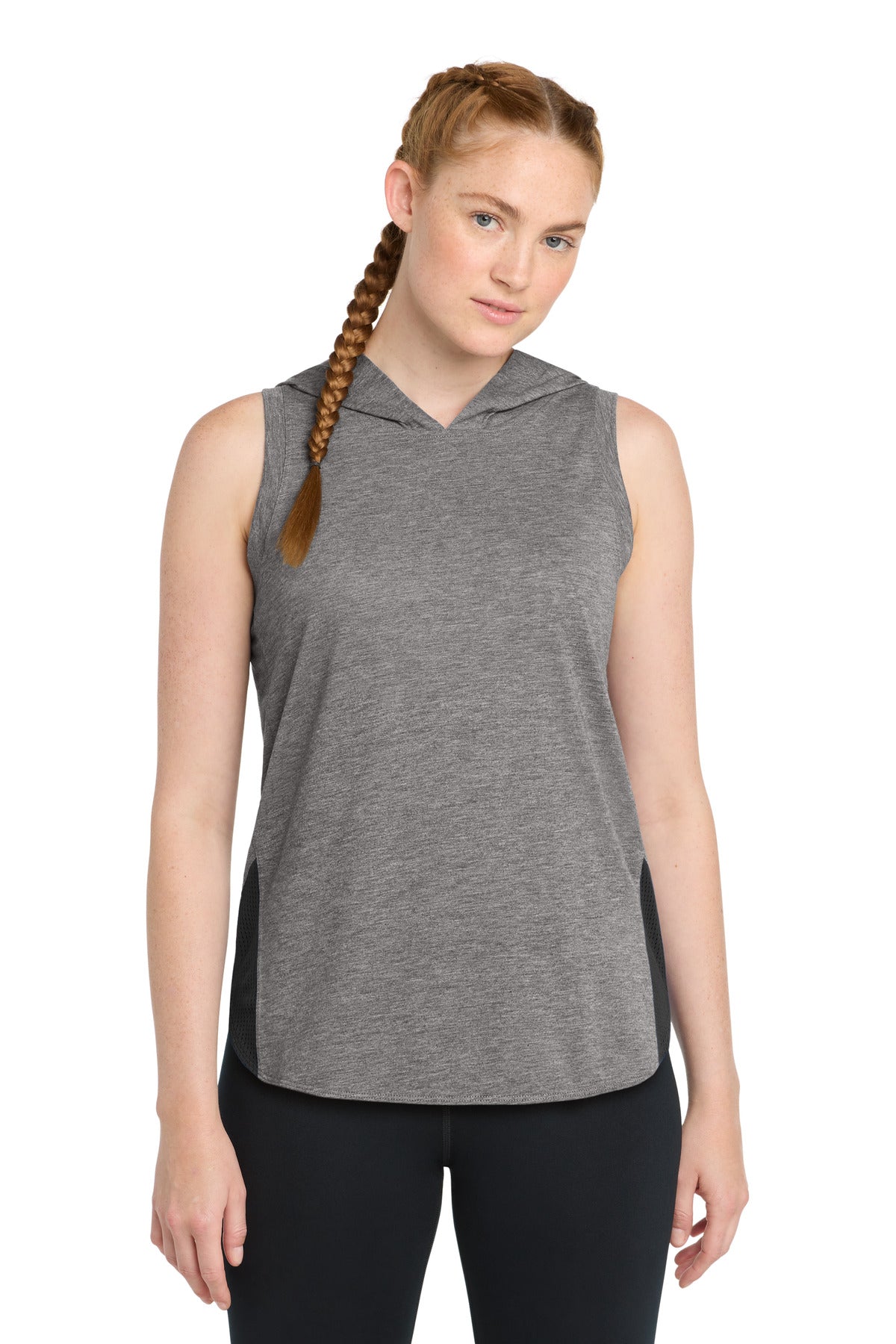 Sport-Tek Women's PosiCharge Tri-Blend Wicking Draft Hoodie Tank. LST410 - Black/ Dark Grey Heather - front