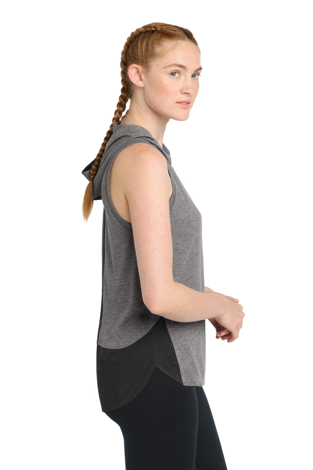 Sport-Tek Women's PosiCharge Tri-Blend Wicking Draft Hoodie Tank. LST410 - Black/ Dark Grey Heather - side
