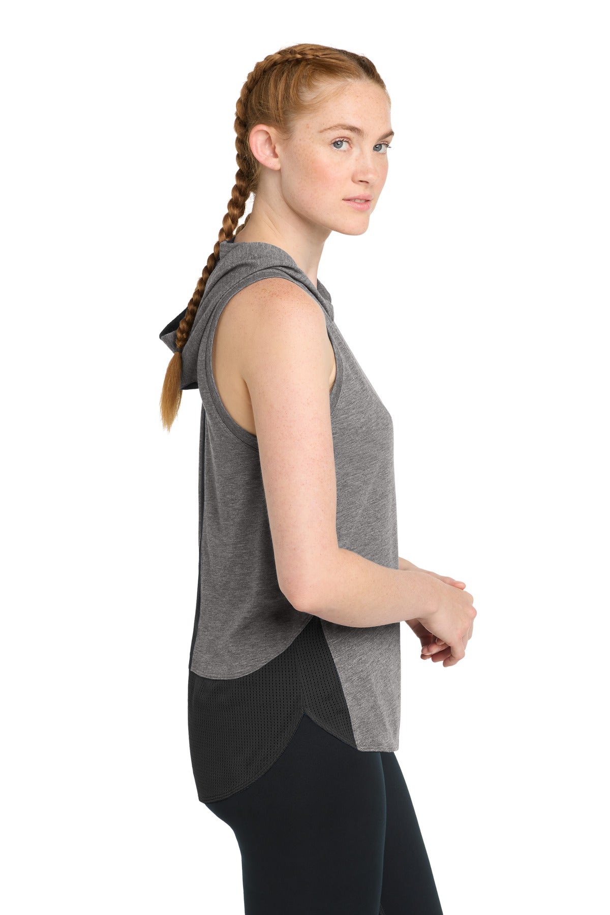 Sport-Tek Women's PosiCharge Tri-Blend Wicking Draft Hoodie Tank. LST410 - Black/ Dark Grey Heather - side