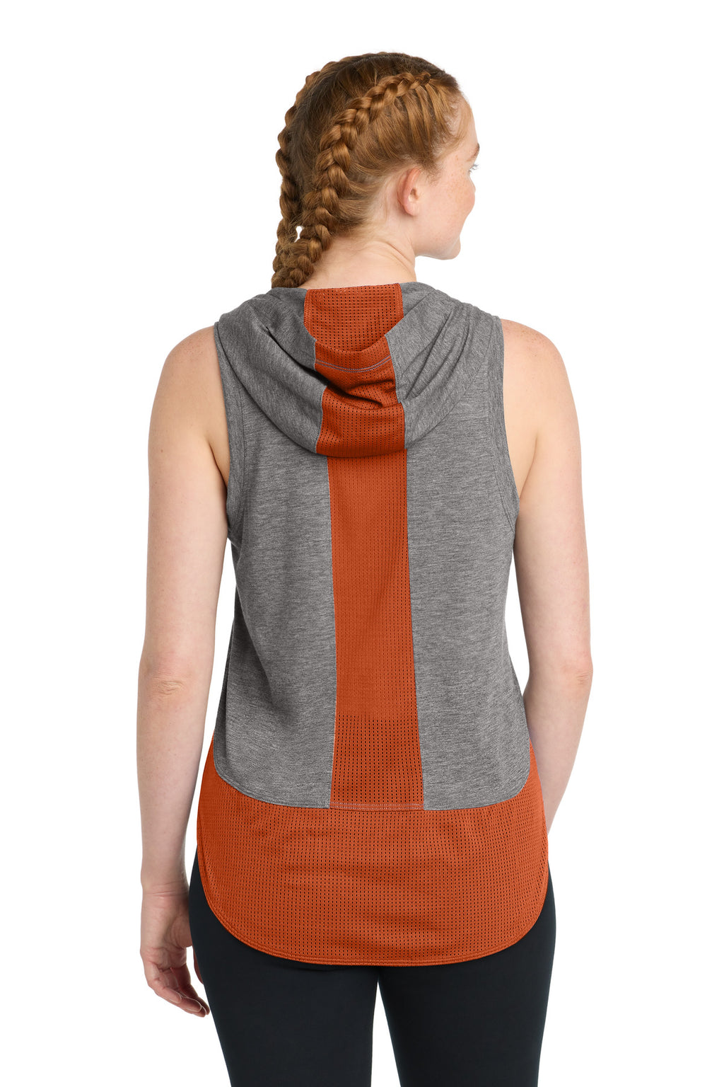 Sport-Tek Women's PosiCharge Tri-Blend Wicking Draft Hoodie Tank. LST410 - Deep Orange/ Dark Grey Heather - back