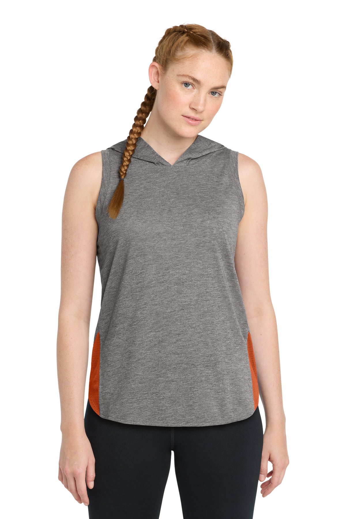 Sport-Tek Women's PosiCharge Tri-Blend Wicking Draft Hoodie Tank. LST410 - Deep Orange/ Dark Grey Heather - front