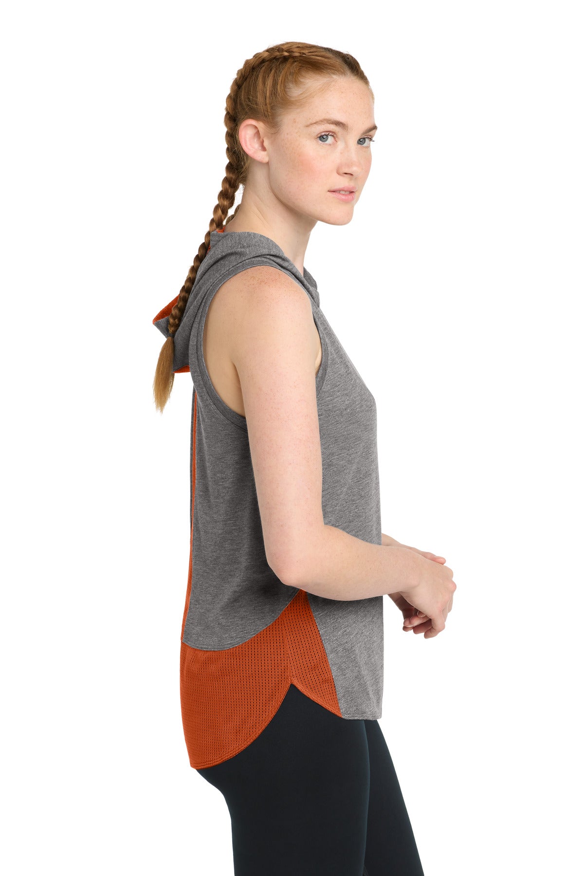 Sport-Tek Women's PosiCharge Tri-Blend Wicking Draft Hoodie Tank. LST410 - Deep Orange/ Dark Grey Heather - side