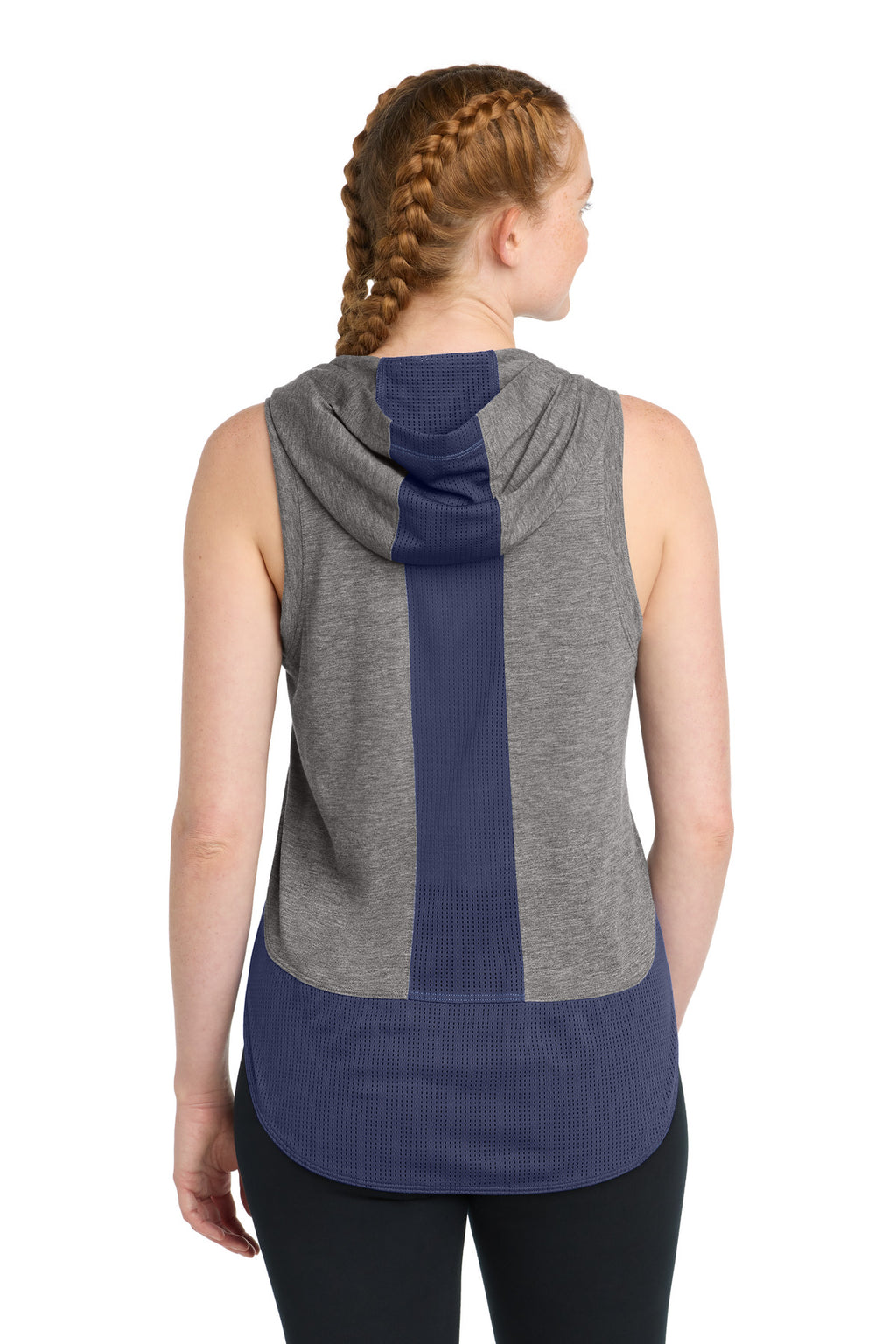 Sport-Tek Women's PosiCharge Tri-Blend Wicking Draft Hoodie Tank. LST410 - True Navy/ Dark Grey Heather - back