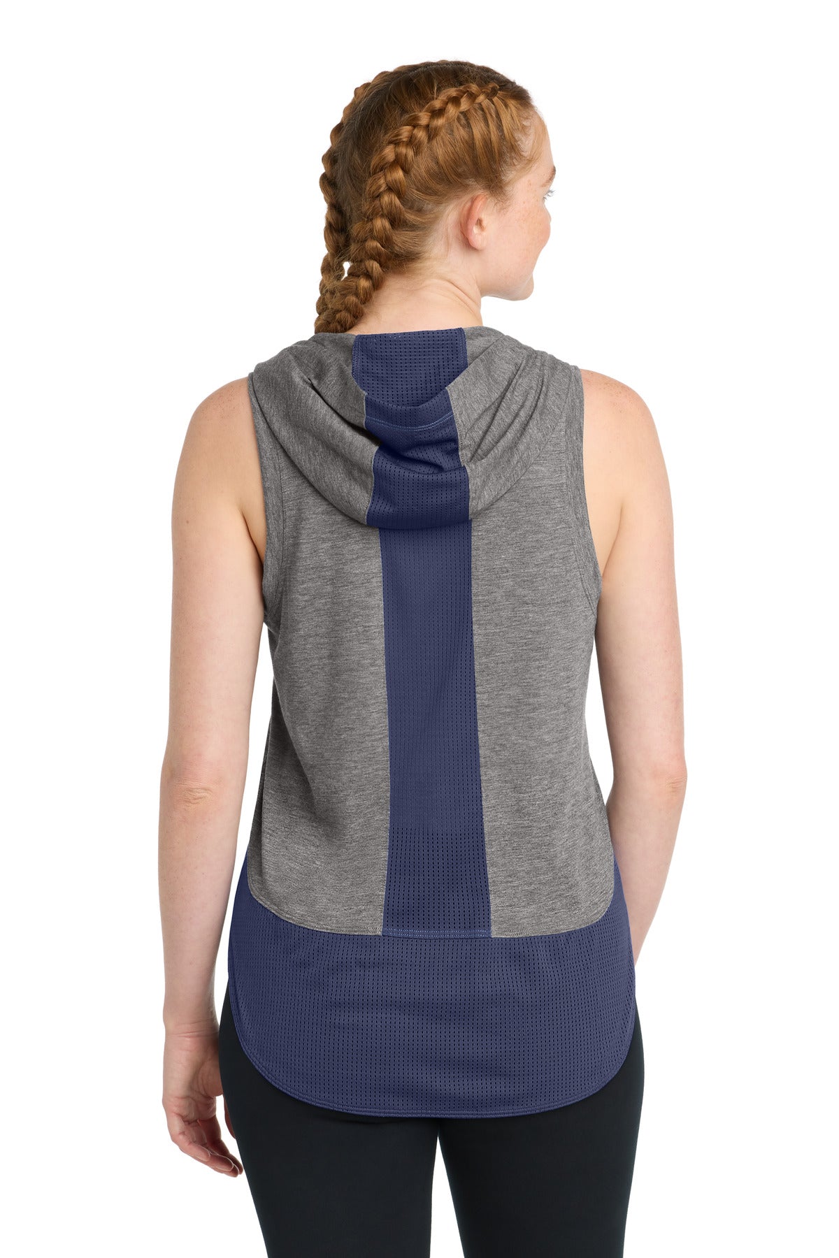 Sport-Tek Women's PosiCharge Tri-Blend Wicking Draft Hoodie Tank. LST410 - True Navy/ Dark Grey Heather - back