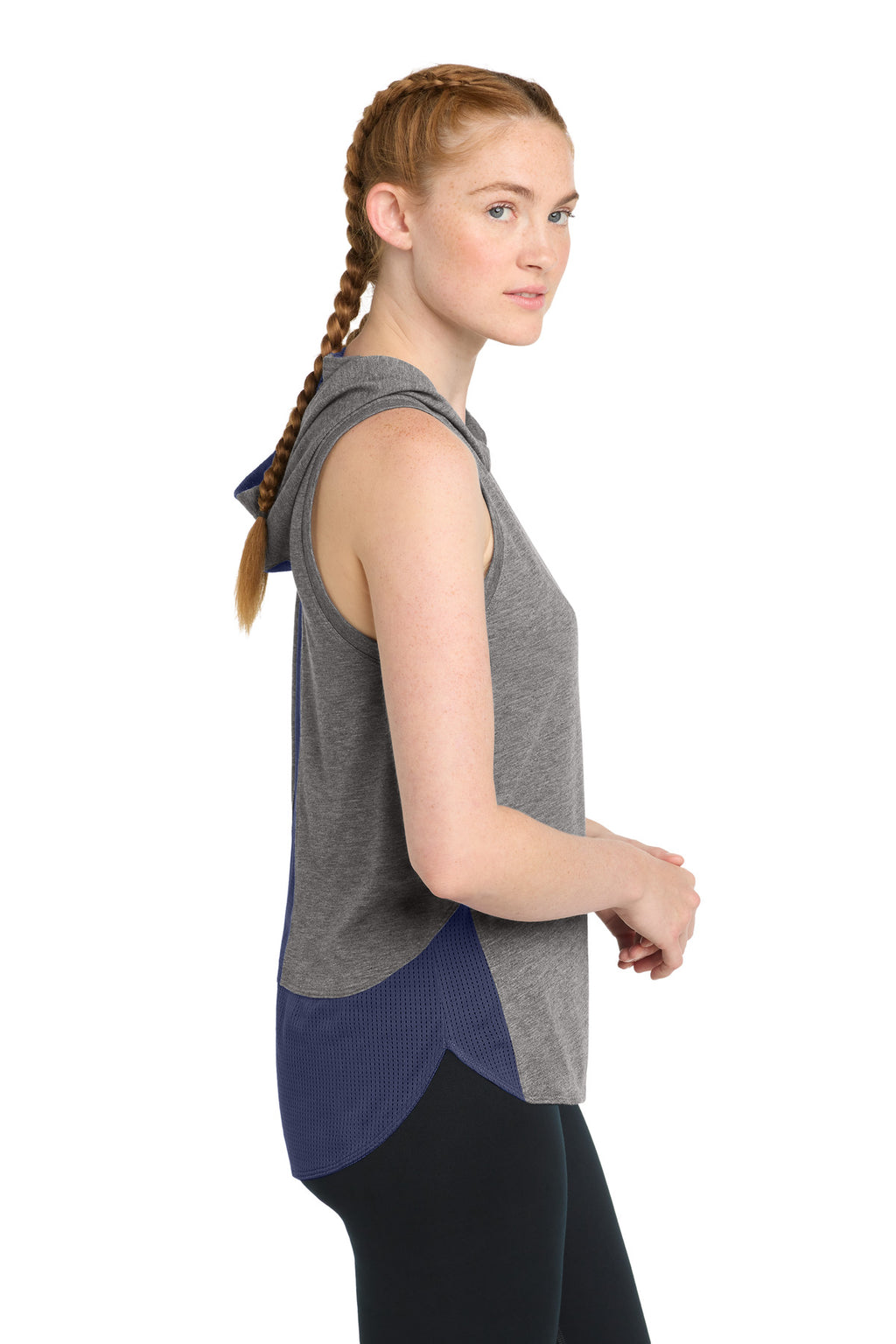 Sport-Tek Women's PosiCharge Tri-Blend Wicking Draft Hoodie Tank. LST410 - True Navy/ Dark Grey Heather - side
