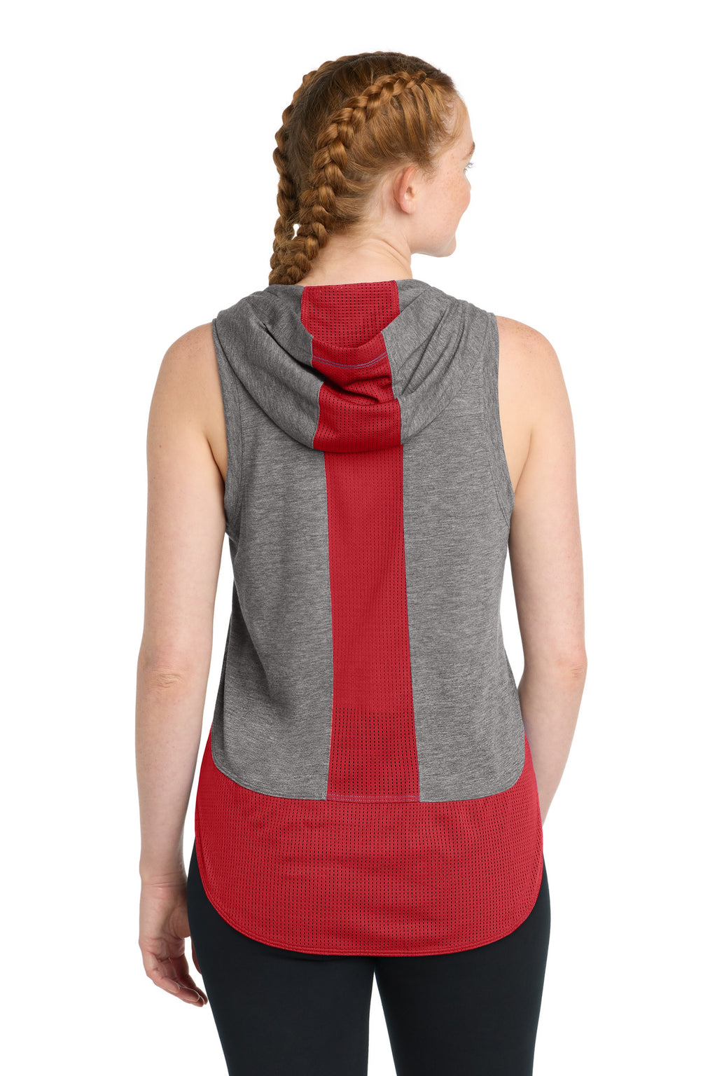 Sport-Tek Women's PosiCharge Tri-Blend Wicking Draft Hoodie Tank. LST410 - True Red/ Dark Grey Heather - back