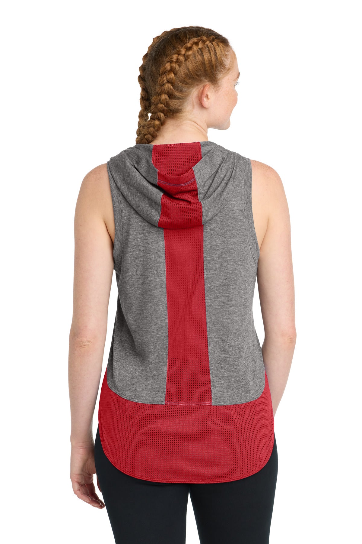 Sport-Tek Women's PosiCharge Tri-Blend Wicking Draft Hoodie Tank. LST410 - True Red/ Dark Grey Heather - back