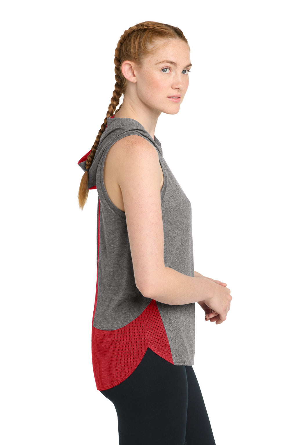 Sport-Tek Women's PosiCharge Tri-Blend Wicking Draft Hoodie Tank. LST410 - True Red/ Dark Grey Heather - side