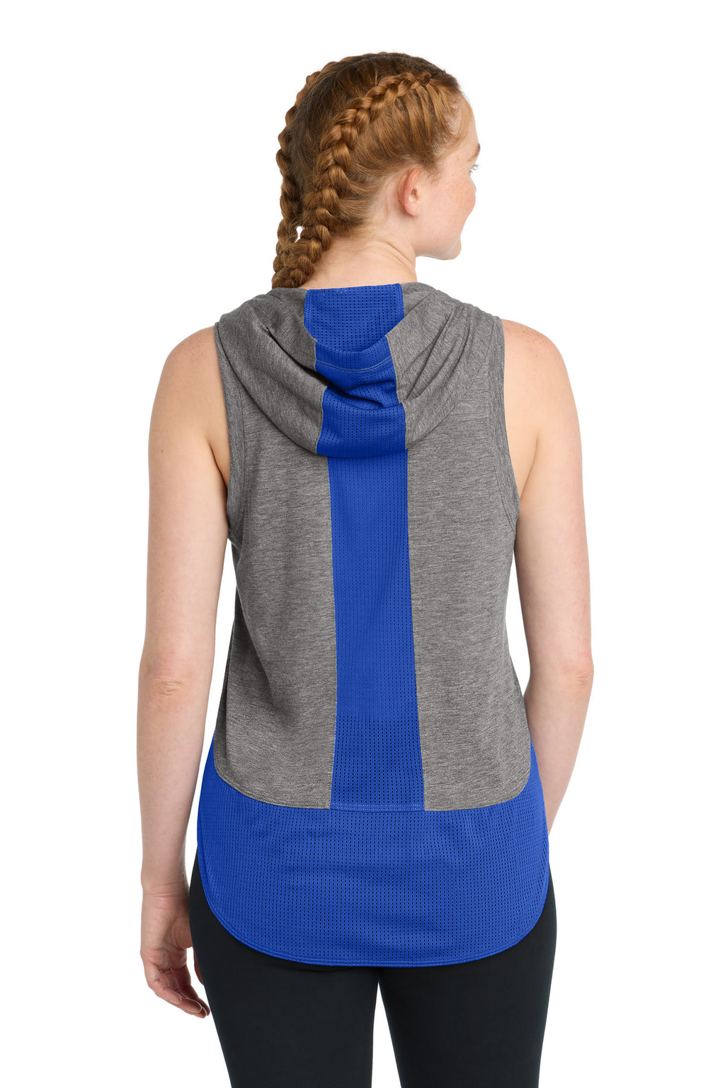 Sport-Tek Women's PosiCharge Tri-Blend Wicking Draft Hoodie Tank. LST410 - True Royal/ Dark Grey Heather - back