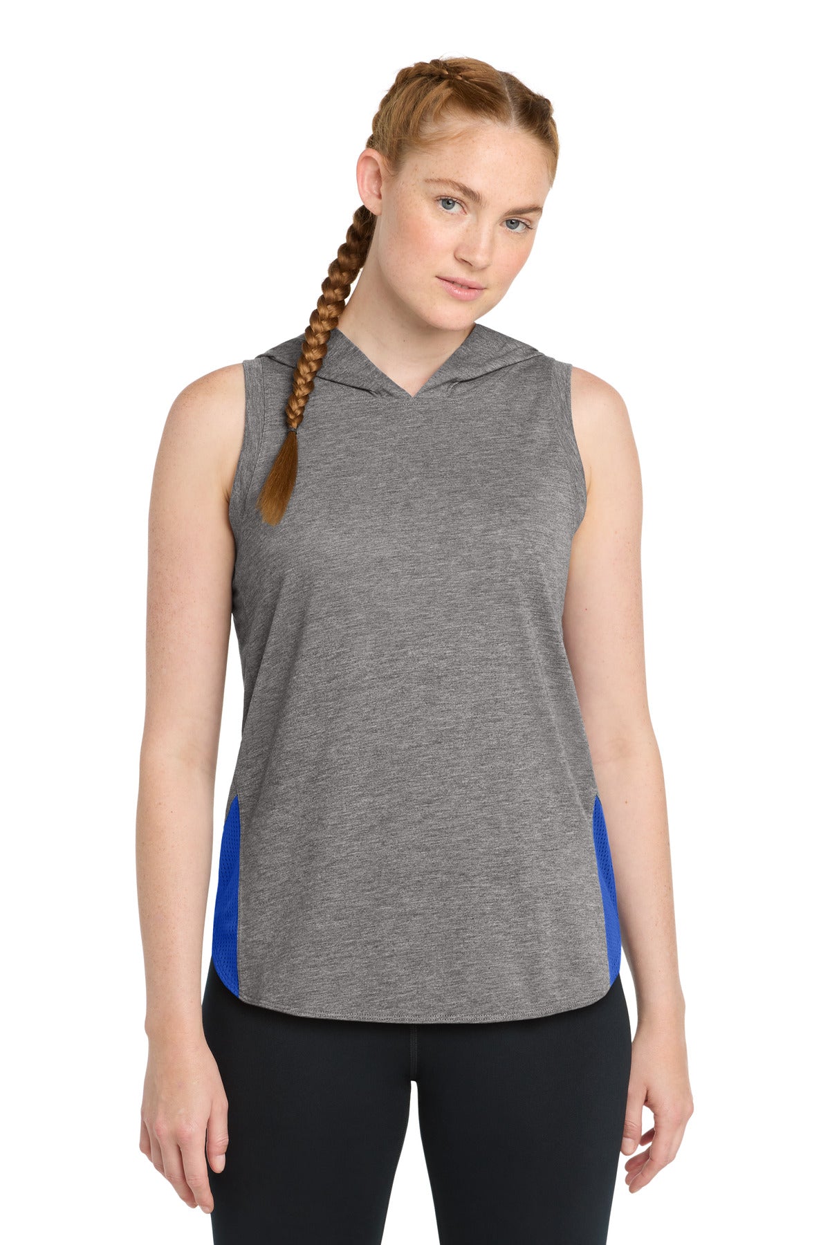 Sport-Tek Women's PosiCharge Tri-Blend Wicking Draft Hoodie Tank. LST410 - True Royal/ Dark Grey Heather - front