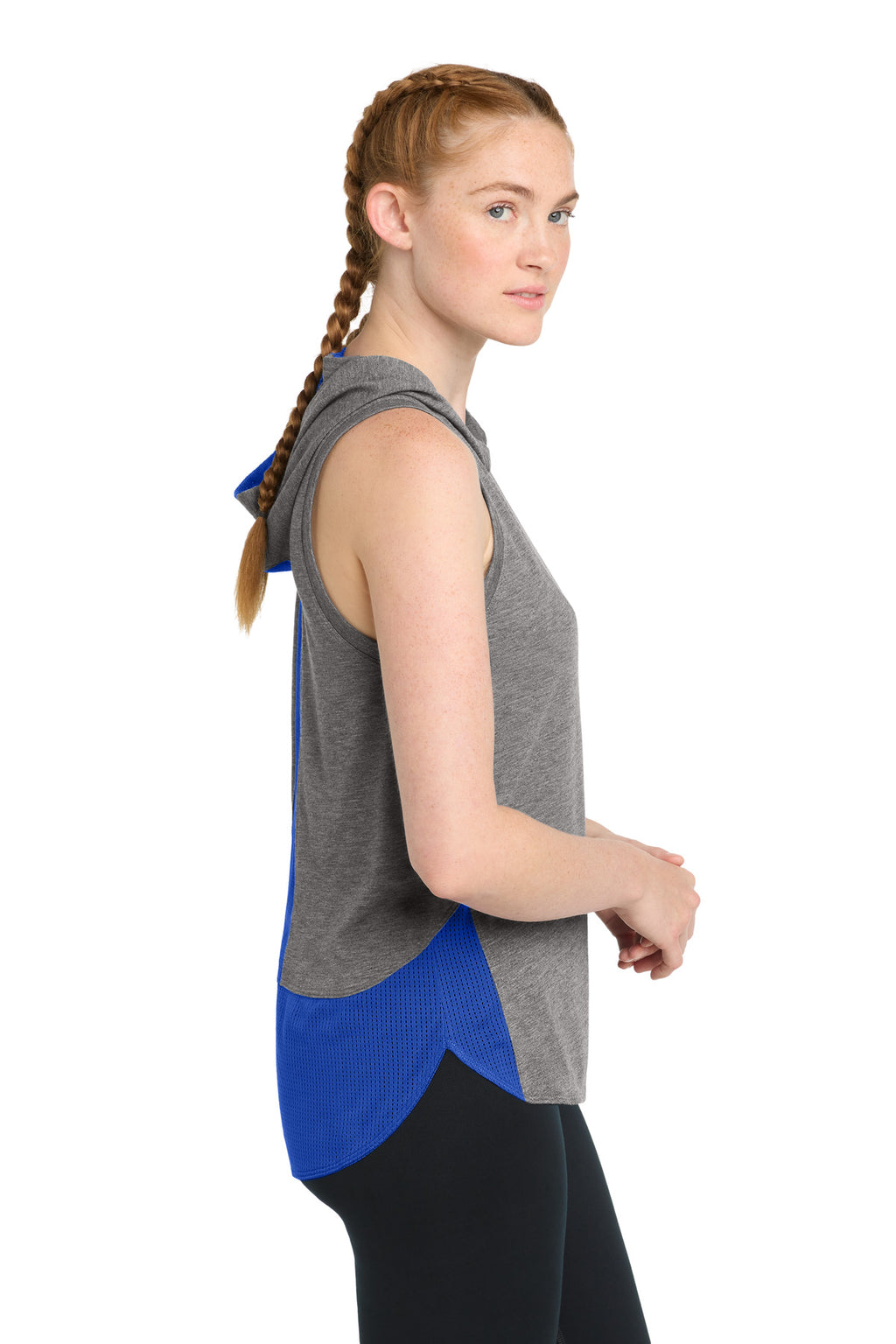 Sport-Tek Women's PosiCharge Tri-Blend Wicking Draft Hoodie Tank. LST410 - True Royal/ Dark Grey Heather - side