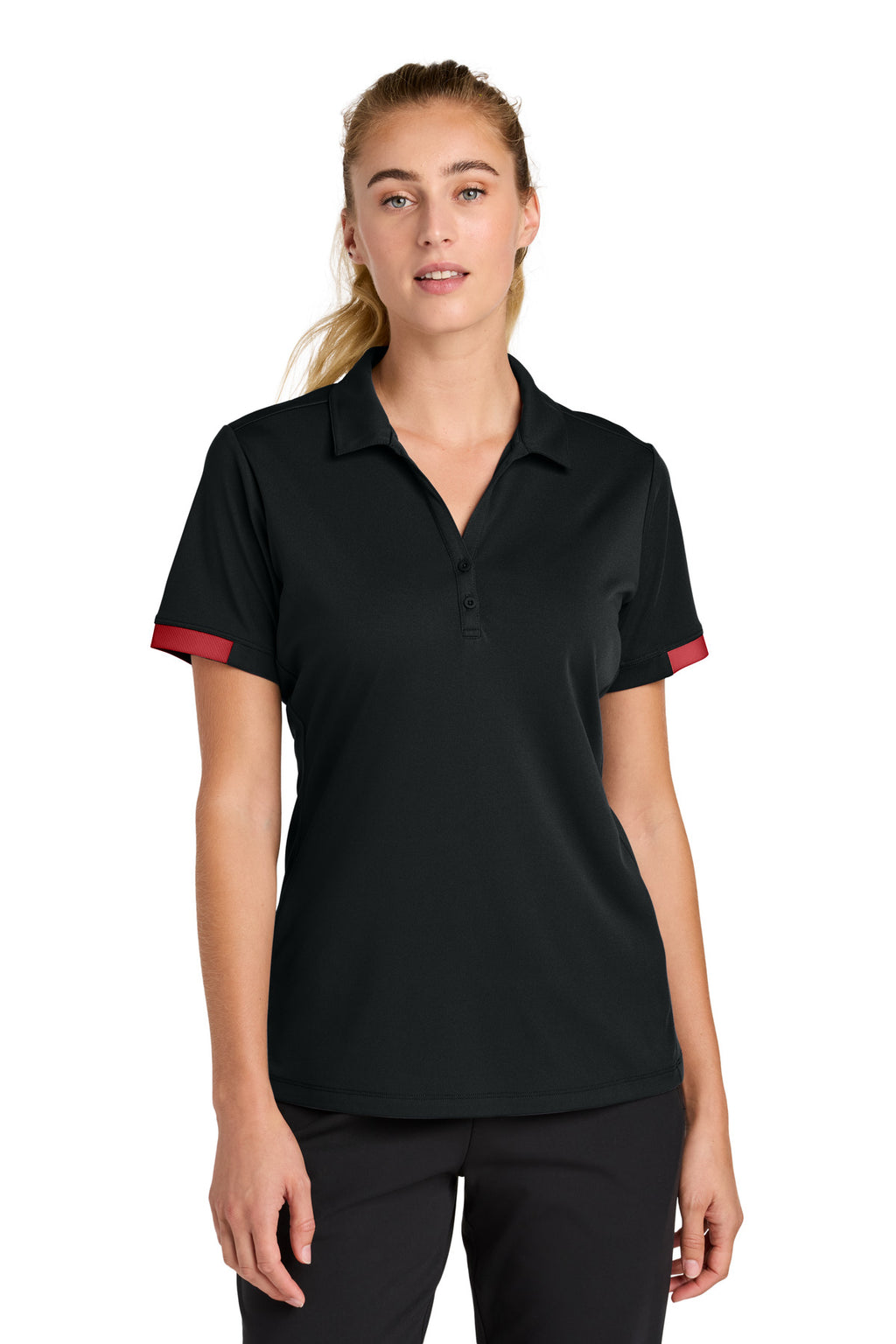 Sport-Tek Women's Club Colorblock Polo LST444 - Black/ Deep Red - front
