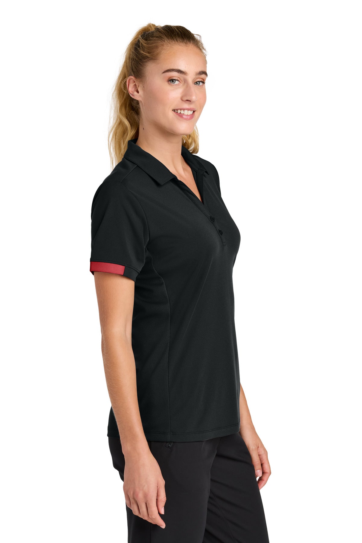 Sport-Tek Women's Club Colorblock Polo LST444 - Black/ Deep Red - side