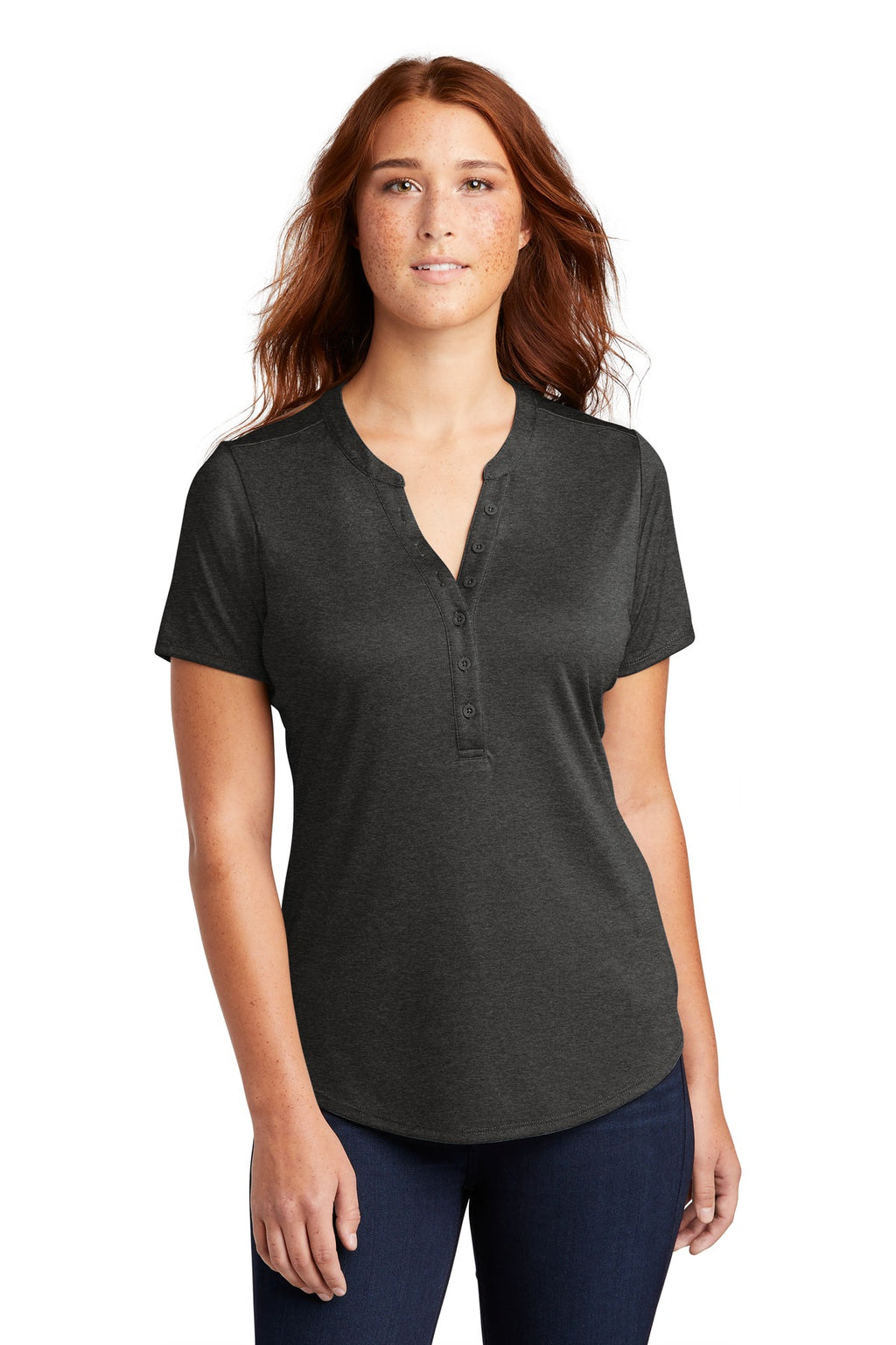 DISCONTINUED Sport-Tek Women's Endeavor Henley. LST468 - Black Heather - front