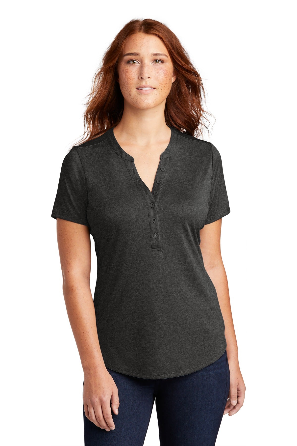 DISCONTINUED Sport-Tek Women's Endeavor Henley. LST468 - Black Heather - front