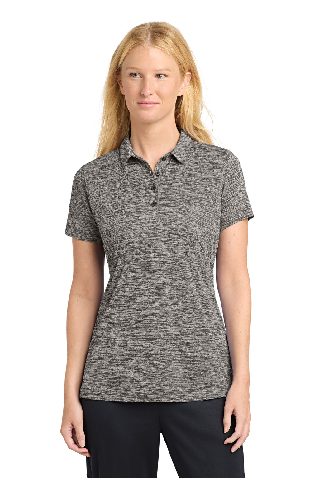 Sport-Tek Women's PosiCharge Electric Heather Polo. LST590 - Black Electric - front