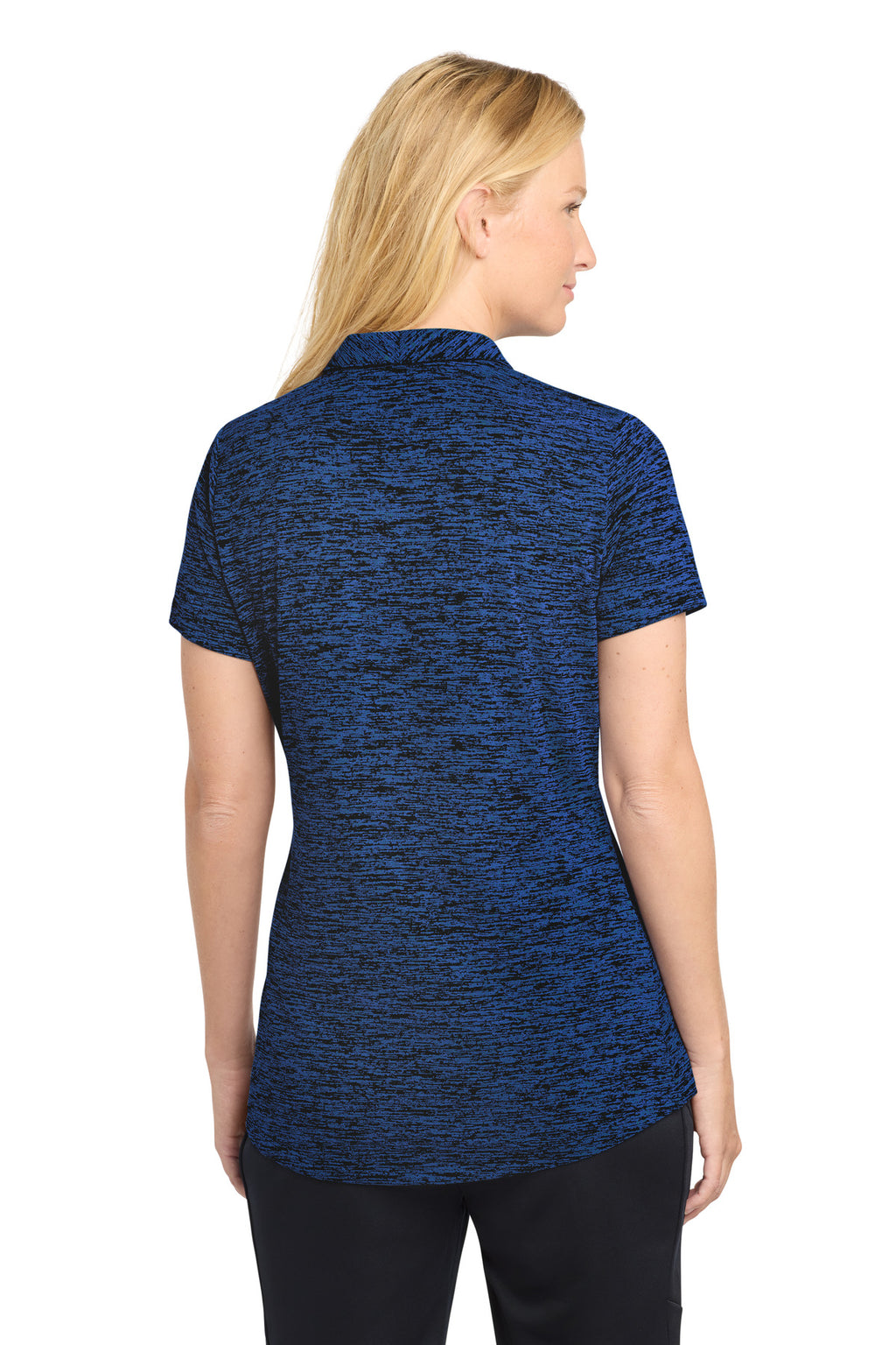 Sport-Tek Women's PosiCharge Electric Heather Polo. LST590 - Dark Royal-Black Electric - back