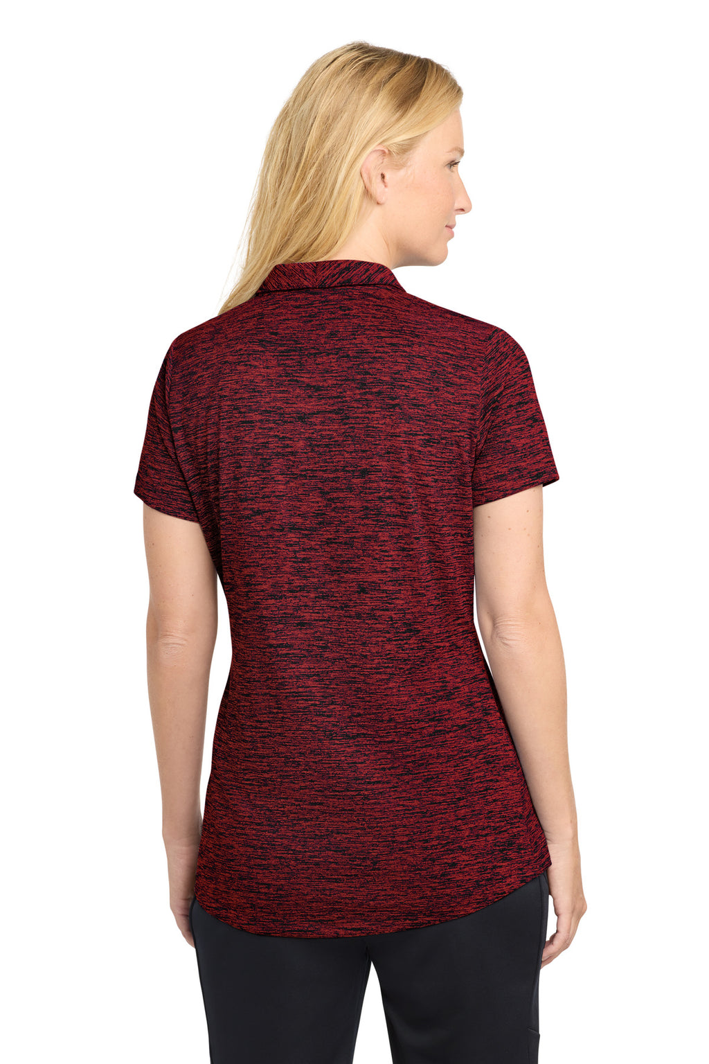 Sport-Tek Women's PosiCharge Electric Heather Polo. LST590 - Deep Red/ Black Electric - back
