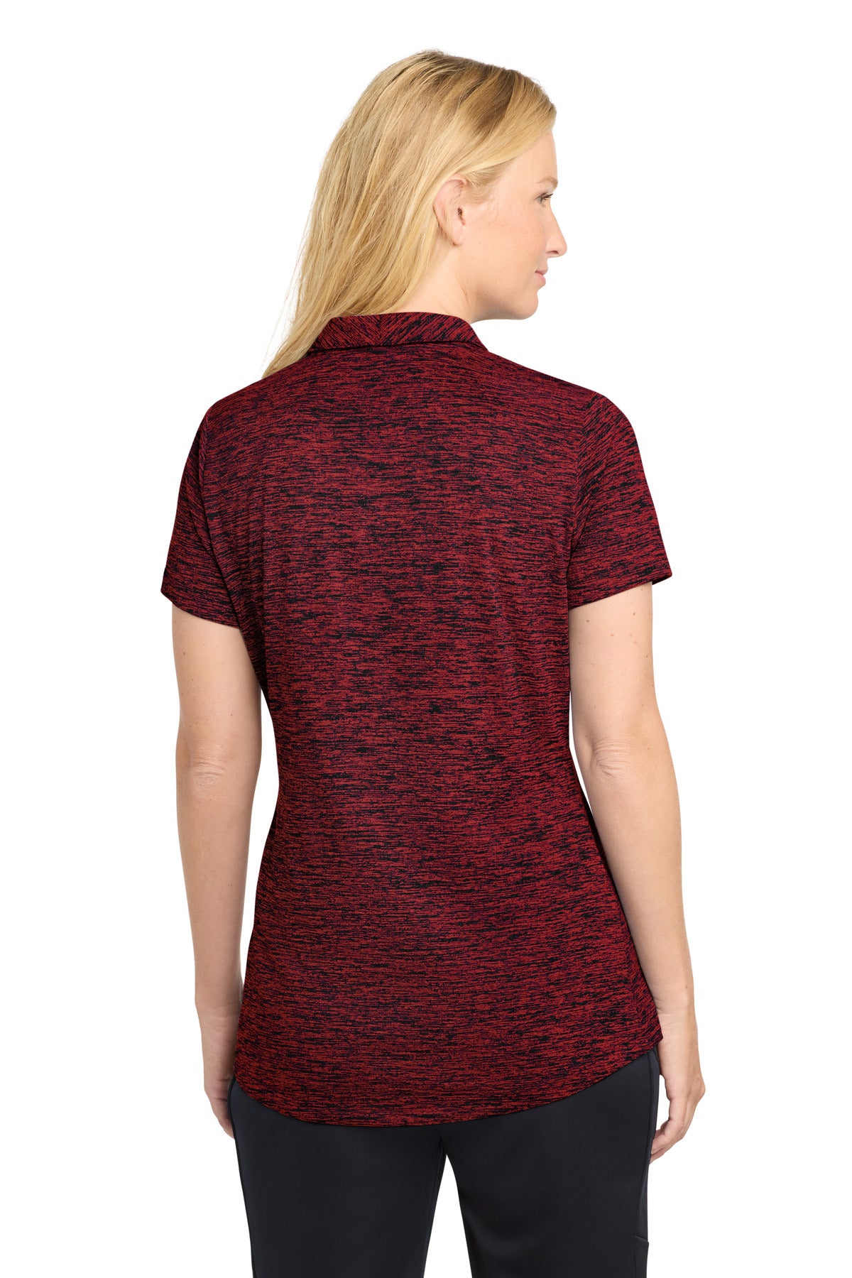 Sport-Tek Women's PosiCharge Electric Heather Polo. LST590 - Deep Red/ Black Electric - back